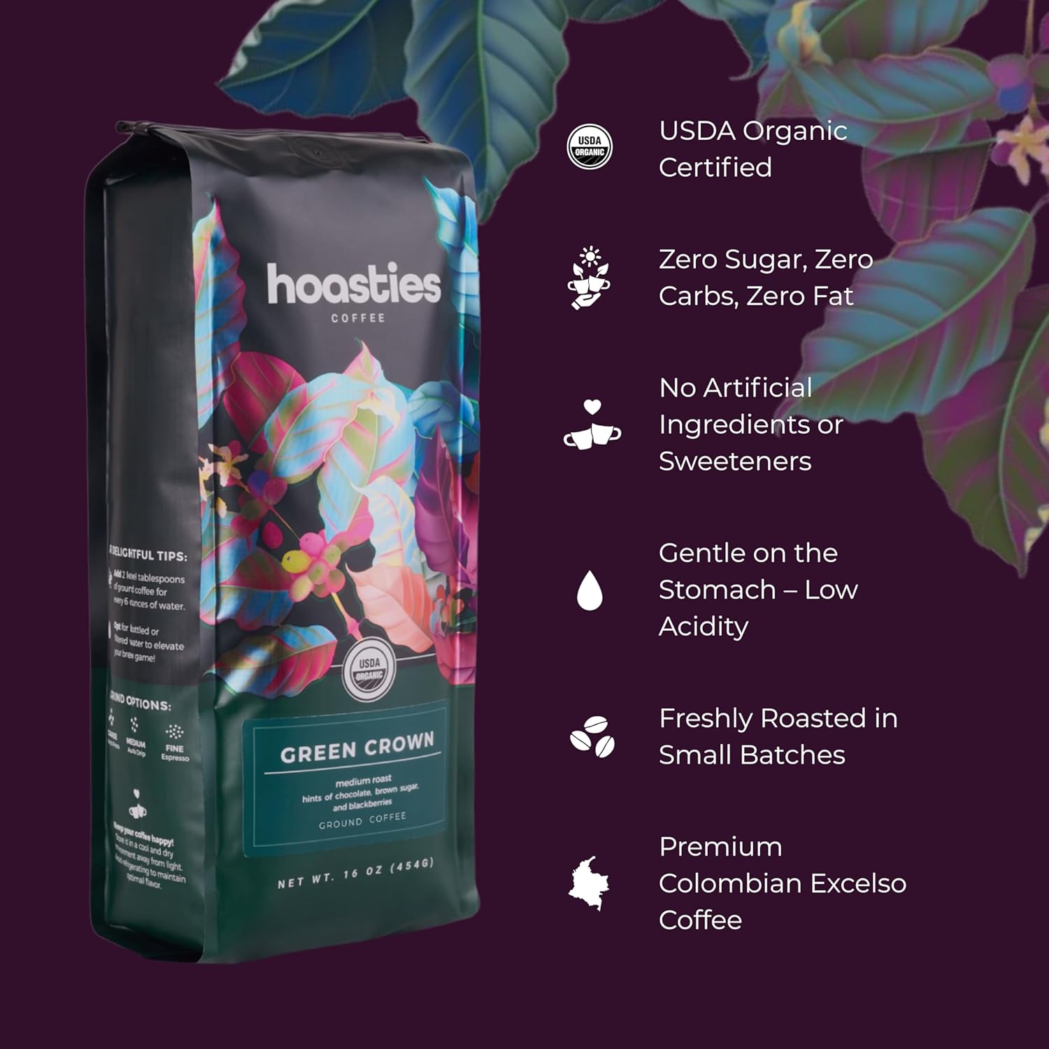 Hoasties Coffee Green Crown - USDA Organic Medium Roast Whole Bean Coffee, 100% Colombian Arabica, Pesticide & Chemical-Free, 16 oz