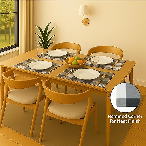 Miniatura 4 de LANE LINEN Juego de 6 manteles individuales decorativos de algodón para cocina, 13 x 19 pulgadas, color gris a cuadros