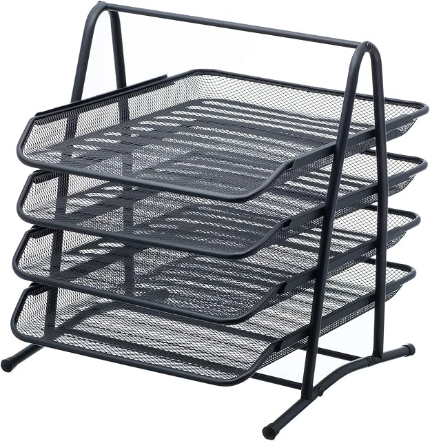 Mesh Letter Tray 4 Tier Desk Letter Filing Trays Holder Black A4 Document Paper Wire Mesh Storage Organiser