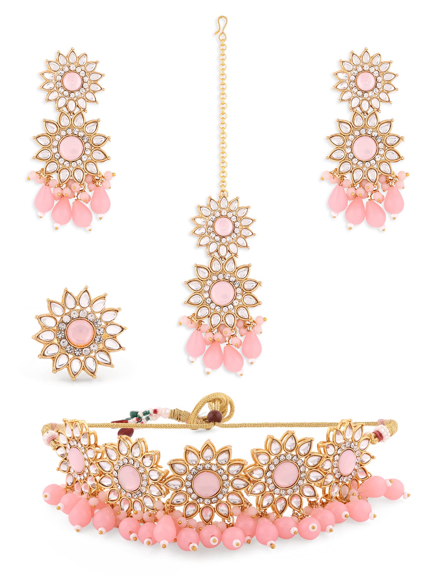 ZAVERI PEARLS Pink Stones & Beads Floral Kundan Choker Necklace Earring Maangtikka & Ring Set For Women-ZPFK14647 (B0BCGR6MK6) Amazon Price History, Amazon Price Tracker