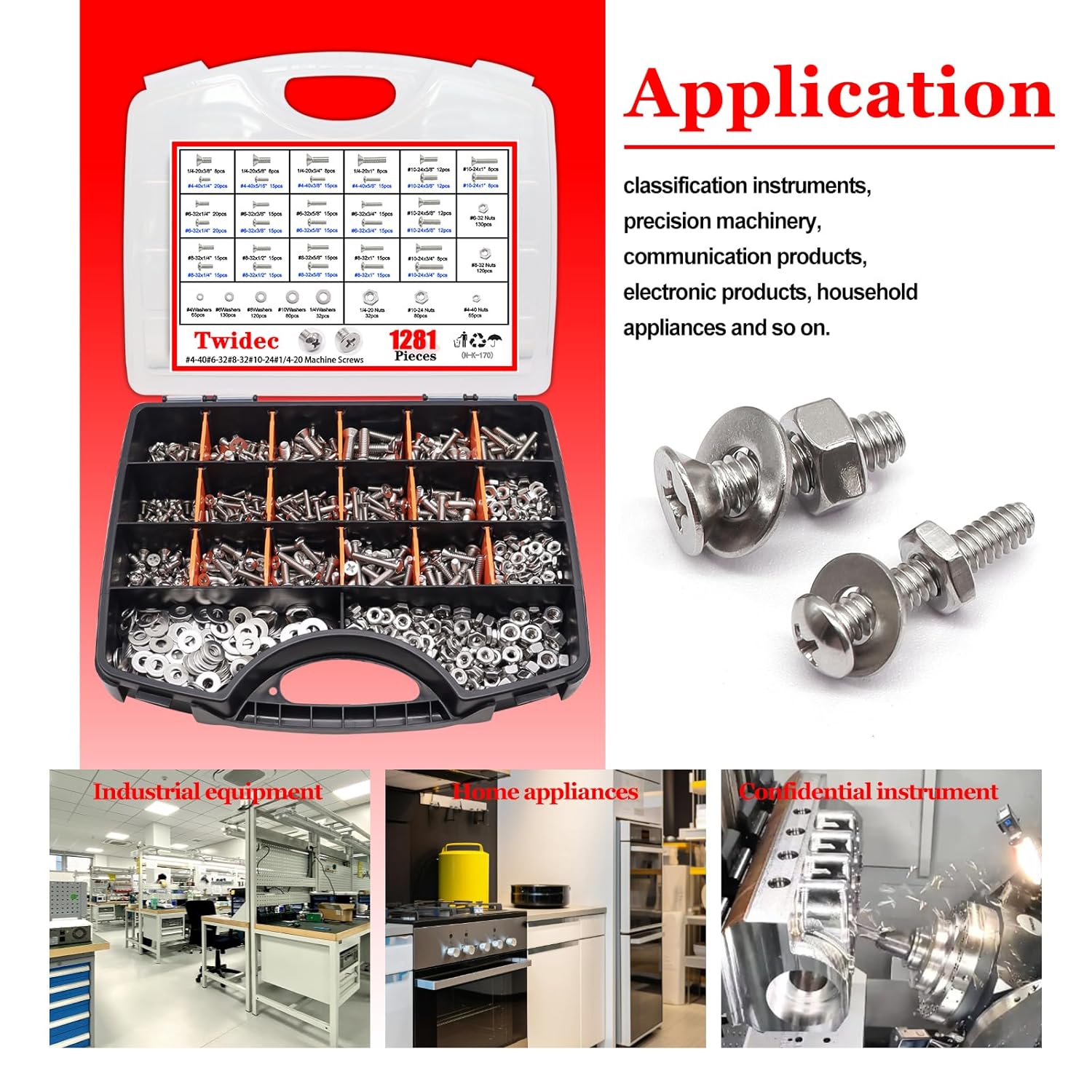 Twidec/1281PCS Nuts and Bolts Assortment Kit,Machine Screws,304 Stainless Steel Phillips Pan Head and Flat Head Screws #4-40#6-32#8-32#10-24#1/4-20 with Nuts, Bolts,Washers in the Storage Case