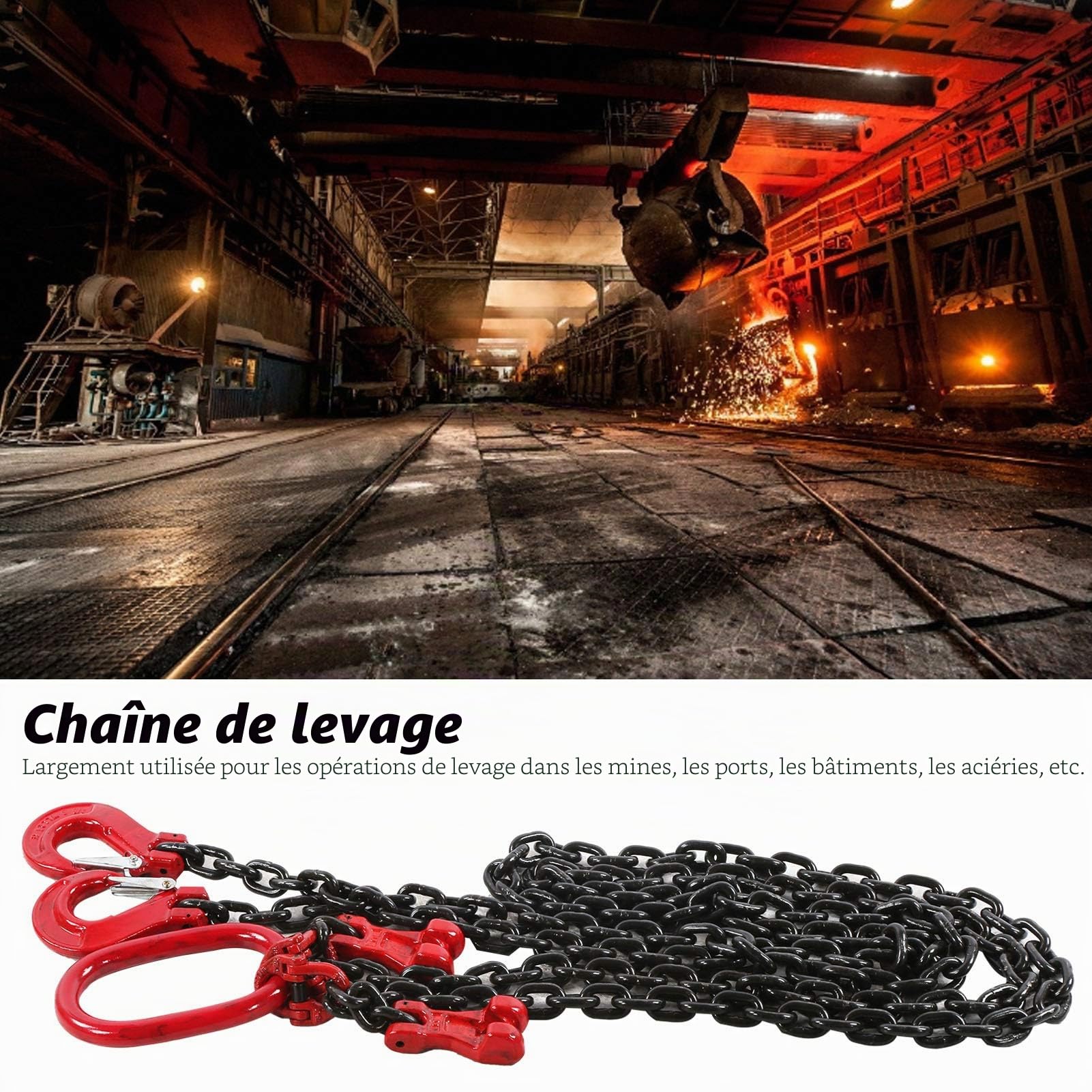 Élingue de Levage Réglable, Chaîne G80 8mm avec 2 Crochets pour Mines, Ports et Chantiers