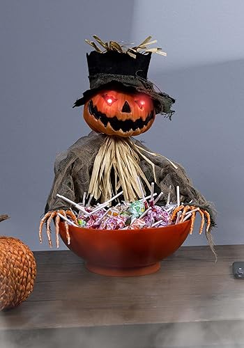 Miniatura 3 de Fun Costumes Decoración animada de cuenco de caramelo de espantapájaros de calabaza, funciona con pilas, pantalla de ojos rojos iluminados, estándar
