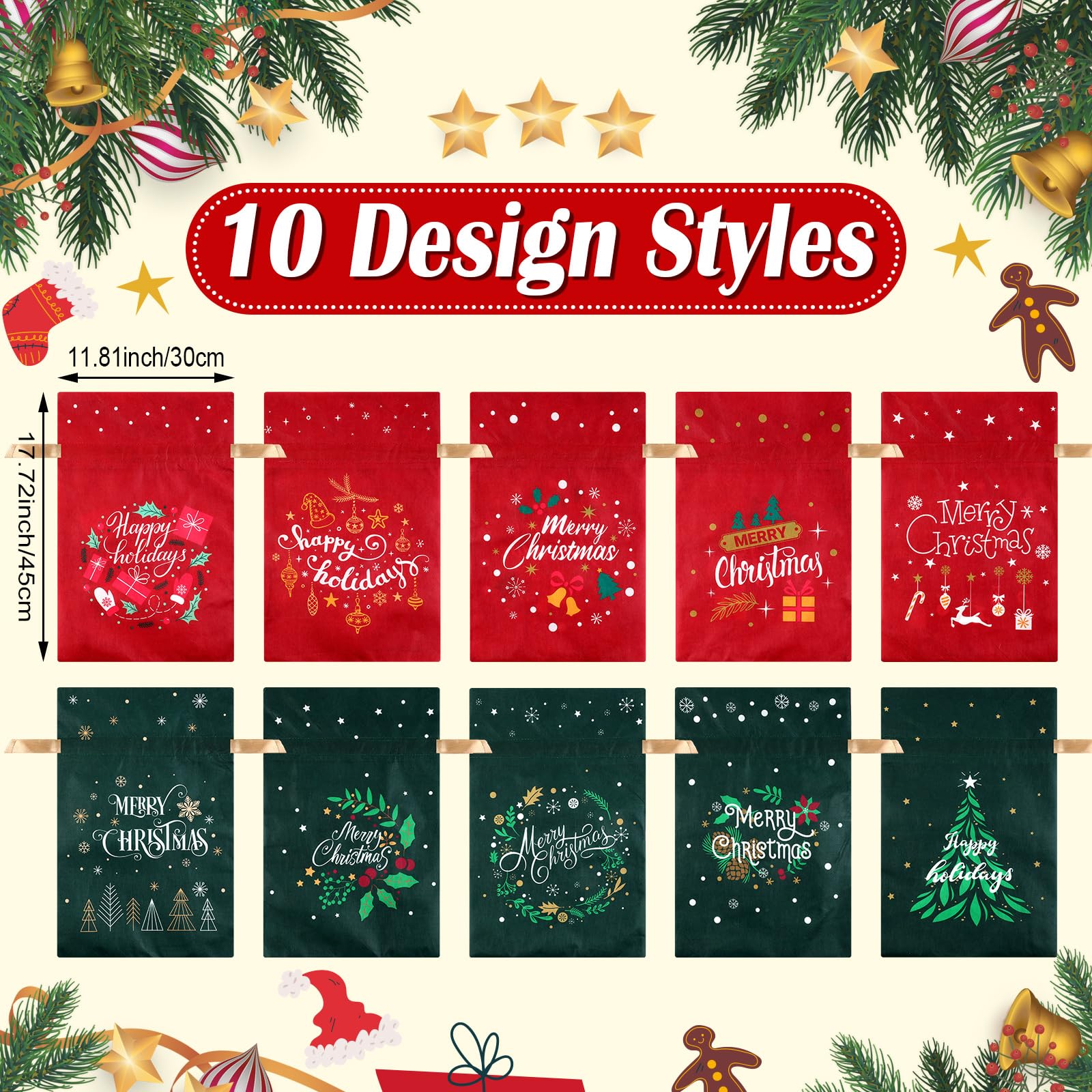 Wesnoy 20 bolsas de regalo de Navidad con cordón, bolsas de regalo de tela no tejida, bolsas de regalo de 12 x 18 pulgadas, bolsas reutilizables de regalo de Navidad con cordón para almacenamiento de