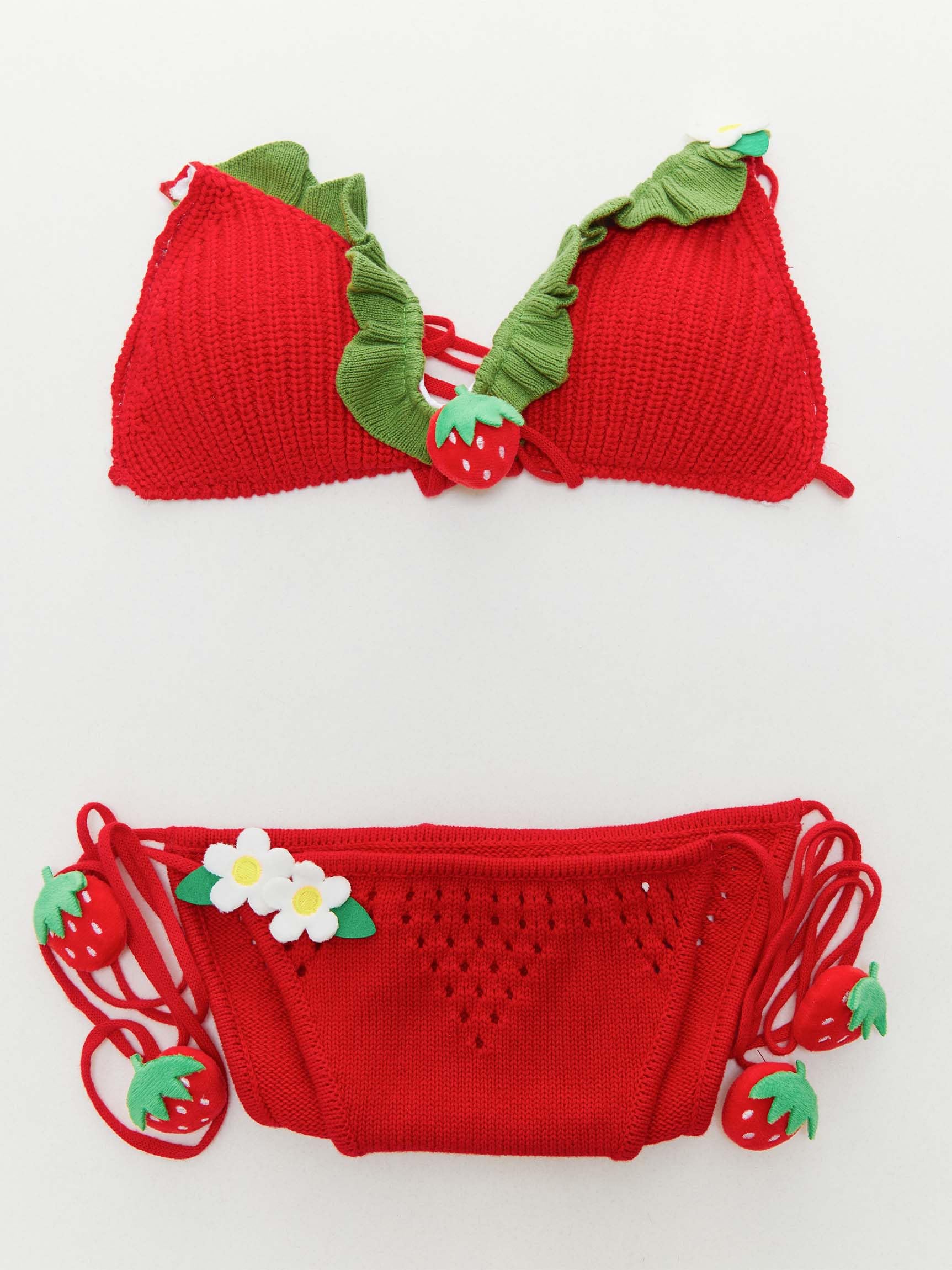 haikyuu Women Strawberry Bikini Crochet Swimsuit Tie Side Two Piece Bathing Suit Halter Triangle Cute Swimwear: Standard Small Red