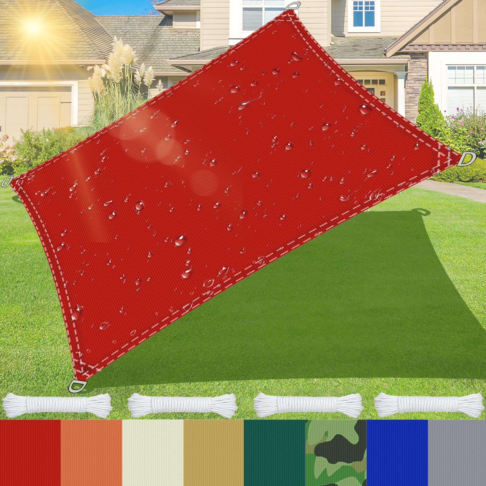 Tenda da sole con anello a D con effetto ombreggiante al 95%,in tessuto Oxford,180 g/㎡,3m x 4m impermeabile,protezione dai raggi UV,per campeggio,balcone,piscina,tettoia–Rosso