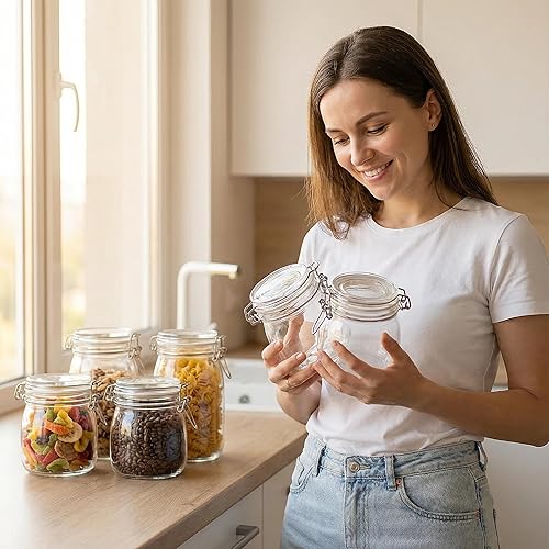 Miniatura 2 de Juego de 6 recipientes herméticos de vidrio con tapas, tarros redondos grandes de almacenamiento de alimentos de 17 onzas  pasta, frijoles, avena,