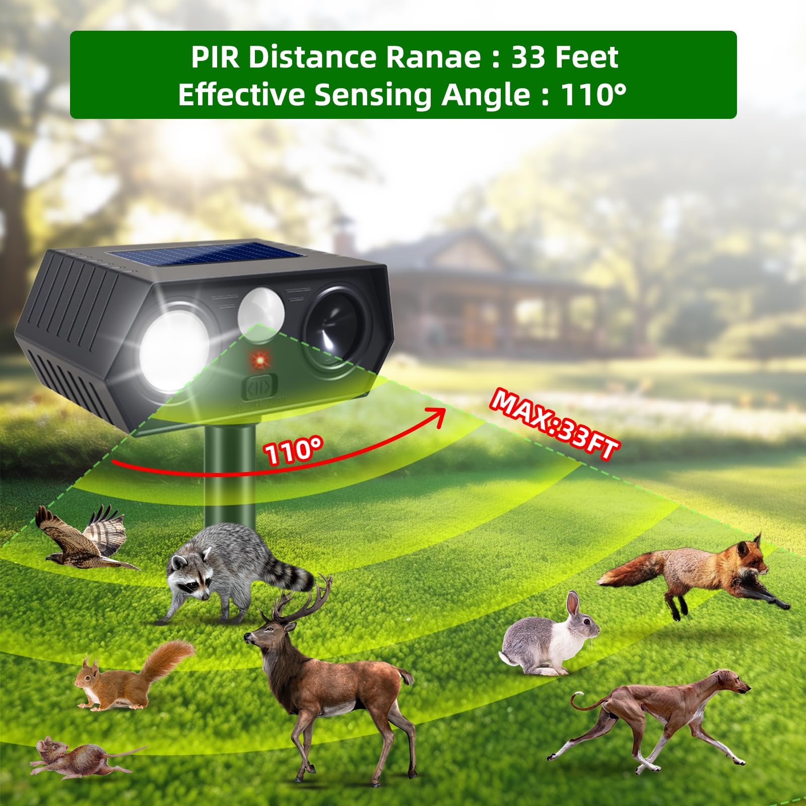 Dissuasori solari ad ultrasuoni per animali all'aperto, dissuasori solari per cervi con sensore di movimento, repellente per gatti con luci flash a LED per spaventare cervi, scoiattoli, conigli