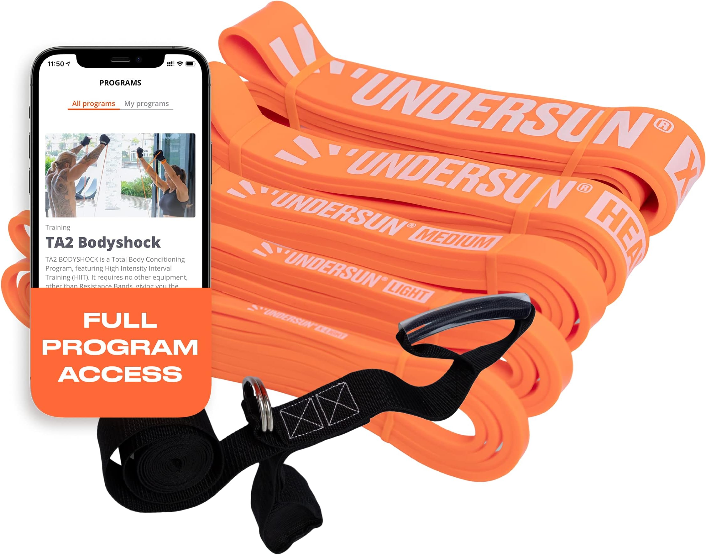 Resistance Bands for Working Out — 5-Level Bands for Working Out, Fitness, Exercise, & Stretching with Door Anchor — TA2 Bodyshock Program for Weight Loss, Fat Burning, & Body Toning — Undersun