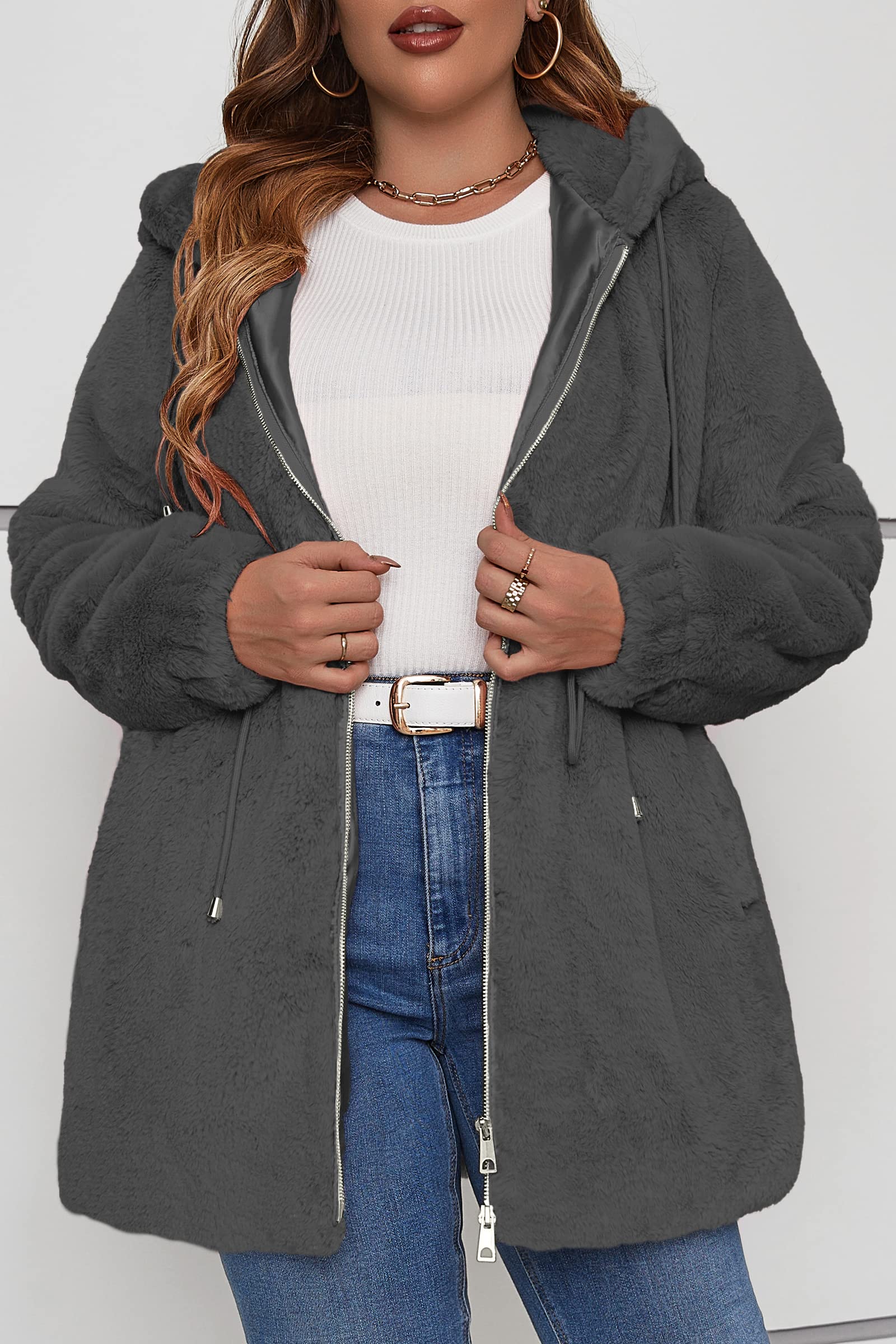 Geschallino Taglie Forti Cappotto da Donna in Pelliccia Sintetica Lungo con Cappuccio Giacca Sherpa Giacca Invernale (XL-5XL)