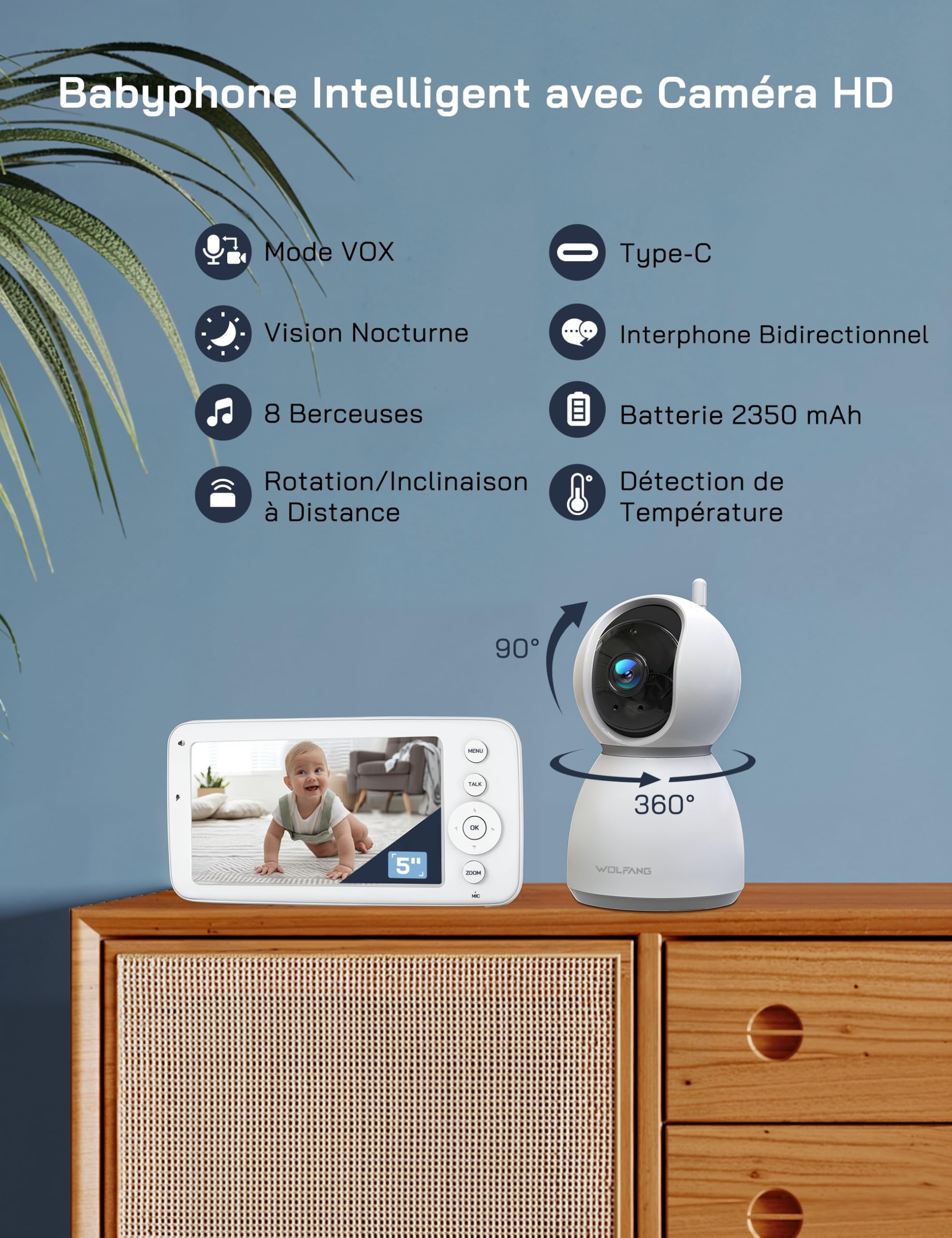 WOLFANG 1080P Babyphone Camera, Écran 5 pouces 720P, Camera Bebe Surveillance avec Rotation et Zoom à 360°, Pas de WiFi, Vision Nocturne, Conversation Bidirectionnelle, Température, Détection des Cris
