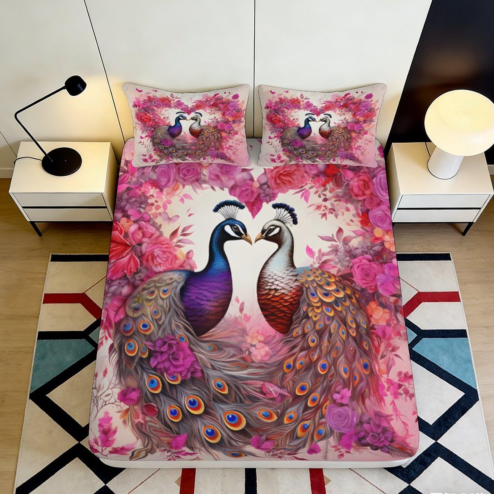 Jqzkxnhpbr Style-2 3D Printed Peacock Romance Fitted Sheet Microfiber Floral Art Mattress Cover For Bedroom Guest Room Decor 90X200x25cm
