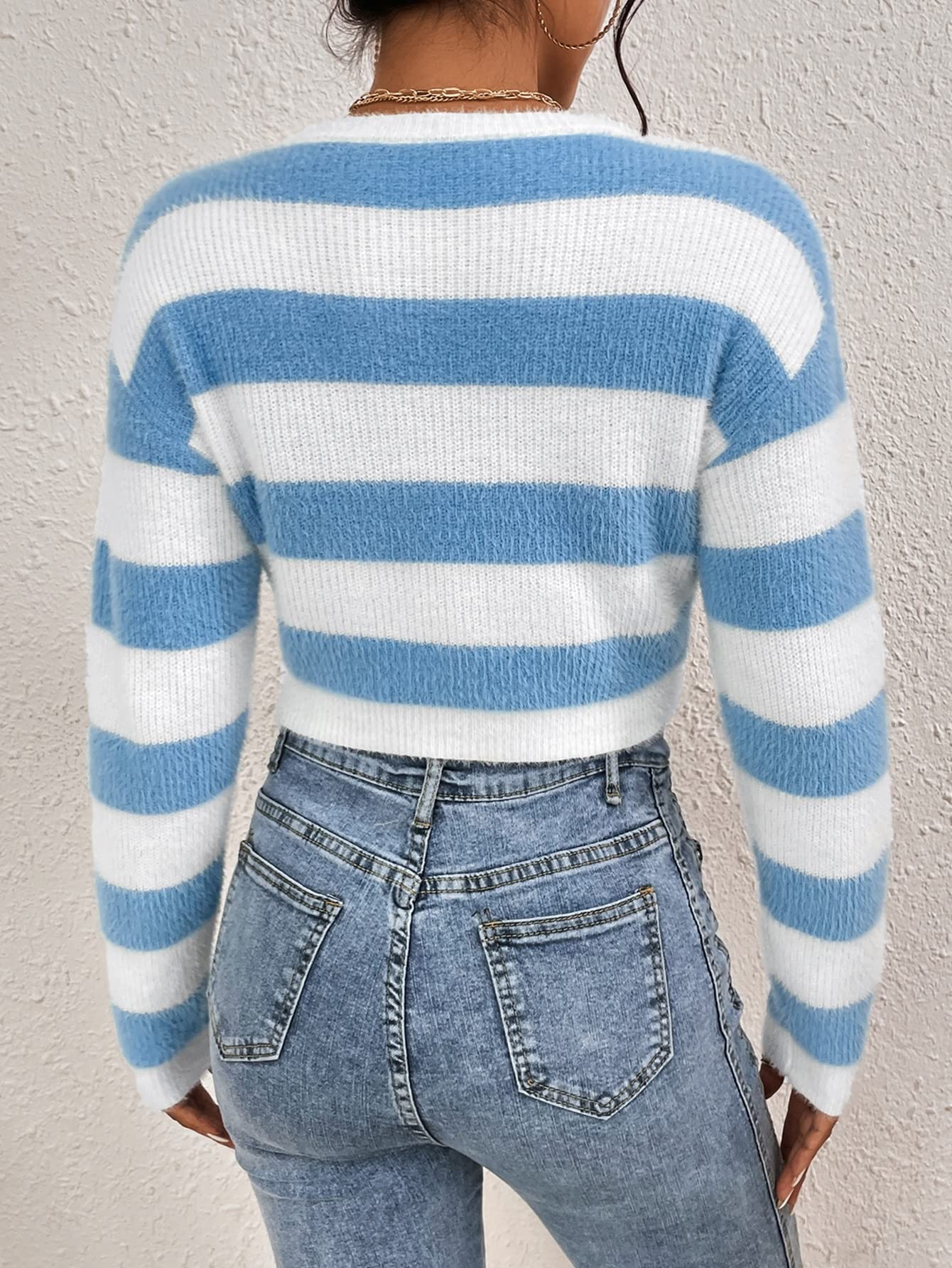 Amazon.com: Neeno Two Tone Drop Shoulder Crop Fluffy Knit