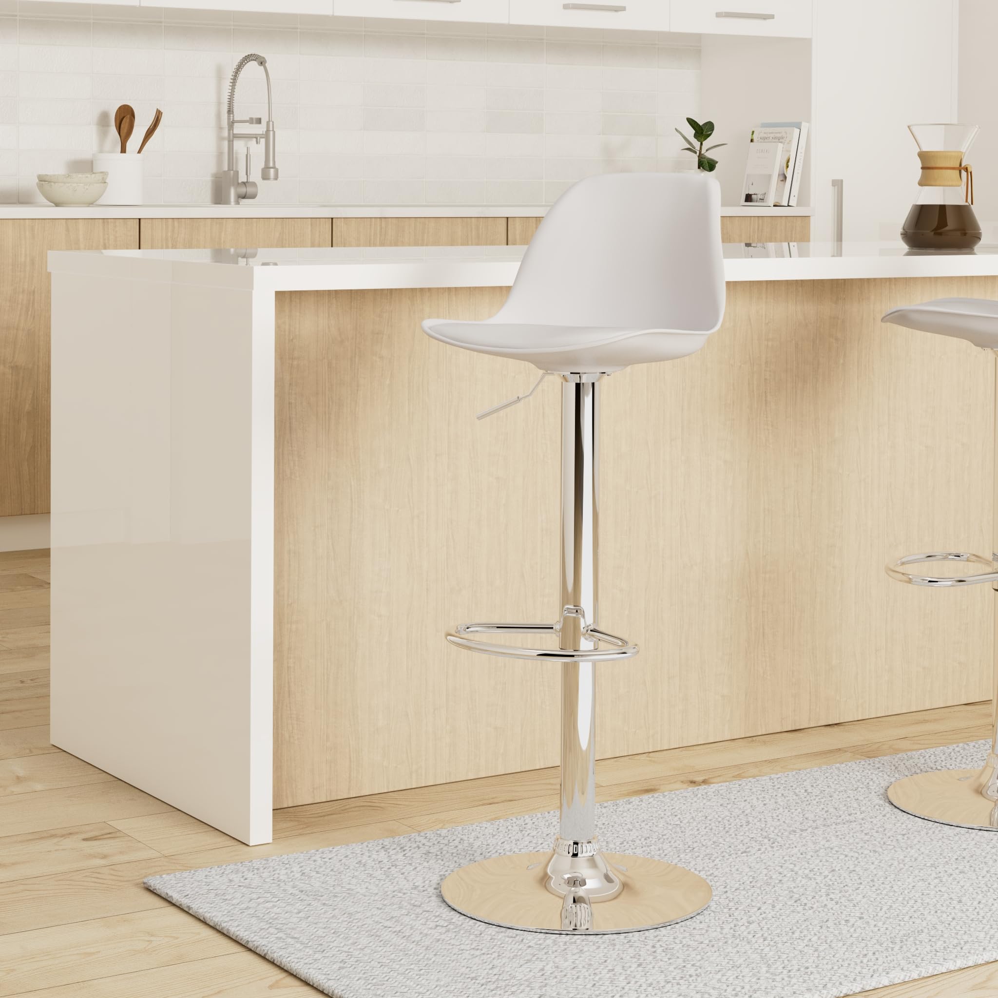 Vaukura Taburete de Bar Juego de 2 | Taburetes Regulables en Altura en Piel Sintética Blanco | Taburete de Cocina Giratorio 360° | Base de Acero Cromado con reposapiés Estilo Moderno Cocina y Barra