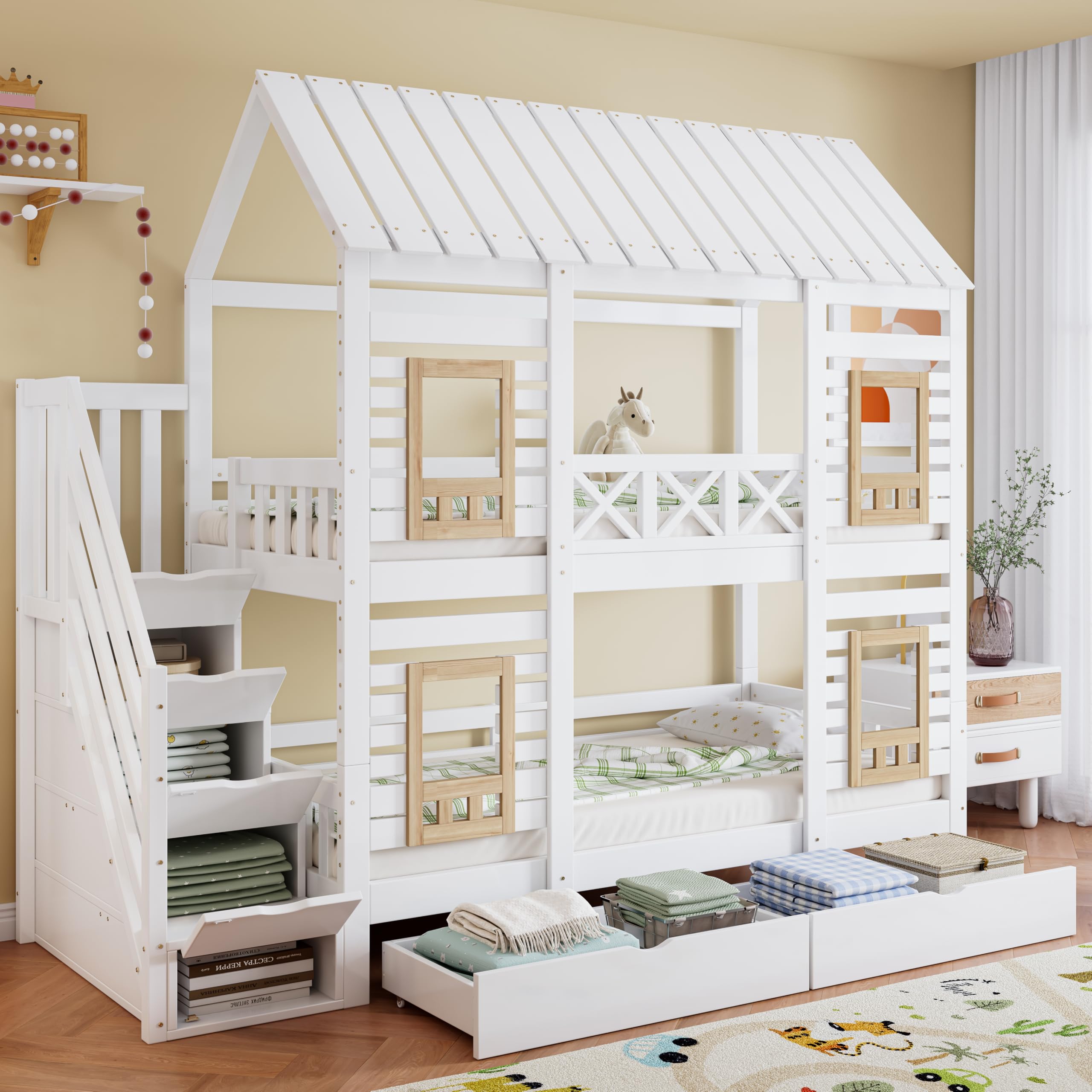 Wiuzo Lettino a castello, letto per bambini, con griglia di protezione anticaduta, due cassetti con ruote, scale con 4 ripiani, con finestra, pino+MDF, bianco e naturale, 90 x 200 cm