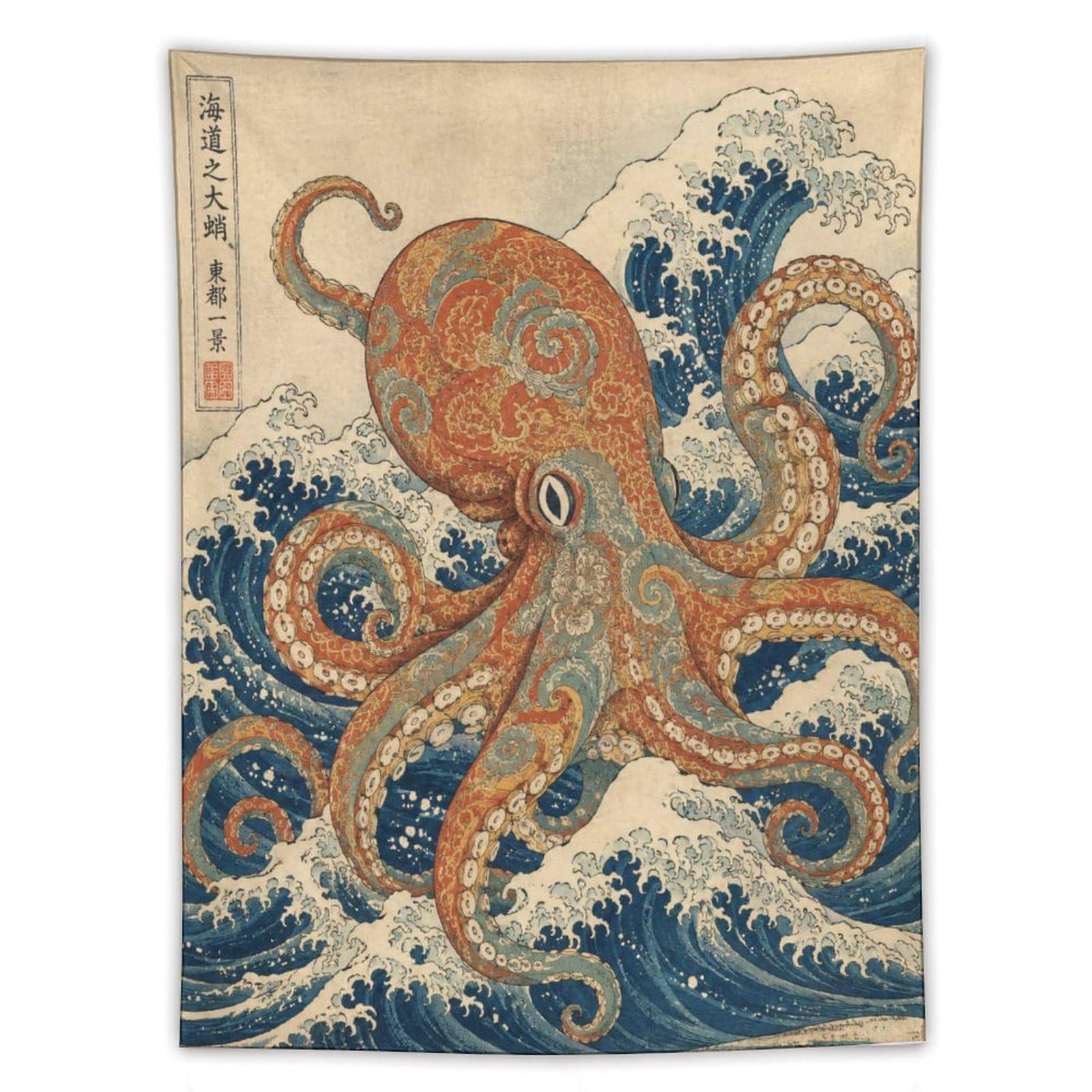 W7C8U2X3 Octopus and Wave Wall Tapestry, Ukiyo-e Style, Dorm Room