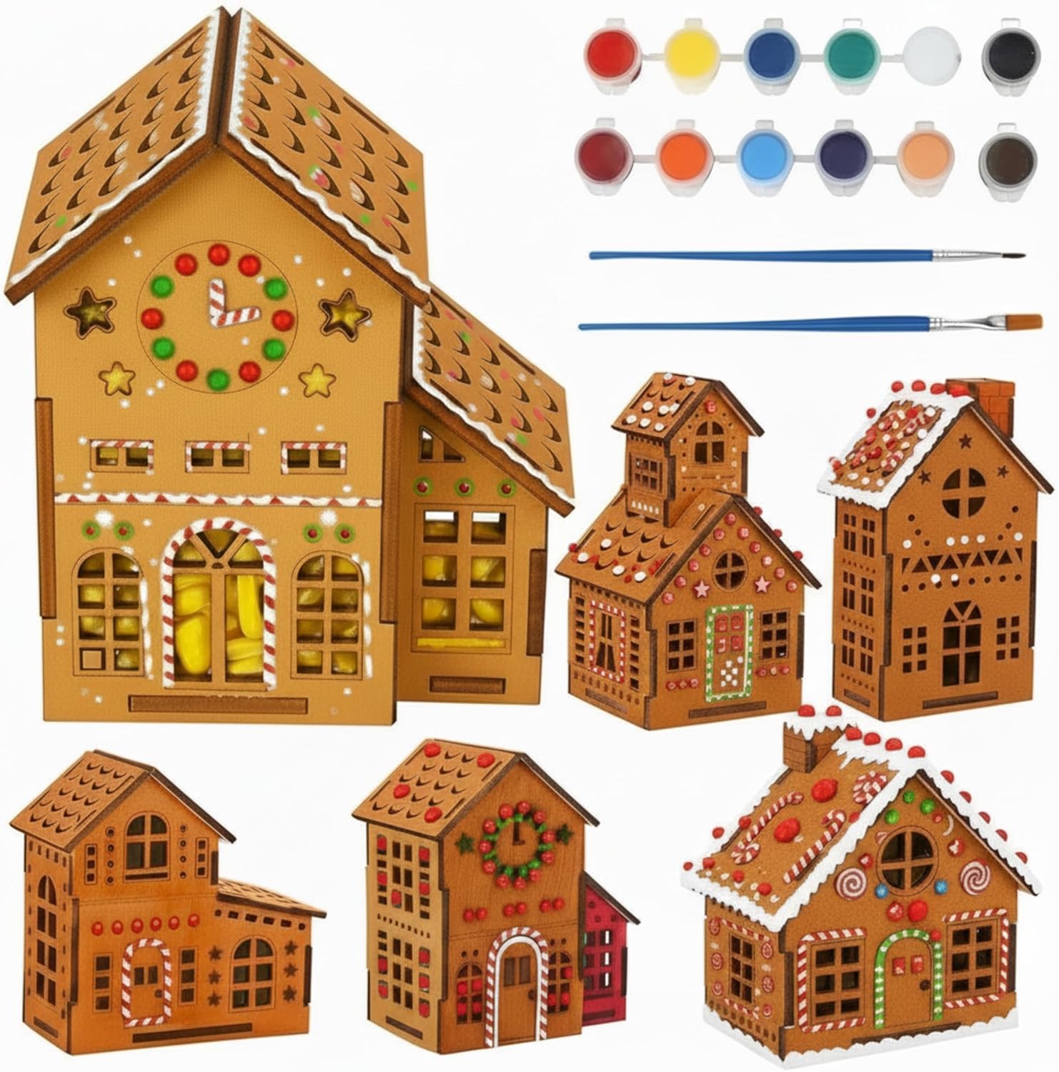 10 Pack DIY Christmas Village Houses Craft Kit with Brush Dye Unfinished Wood Christmas Village to Paint Mini Houses Sets for Winter Xmas Party Table Centerpieces Home Decorations DIY Gifts