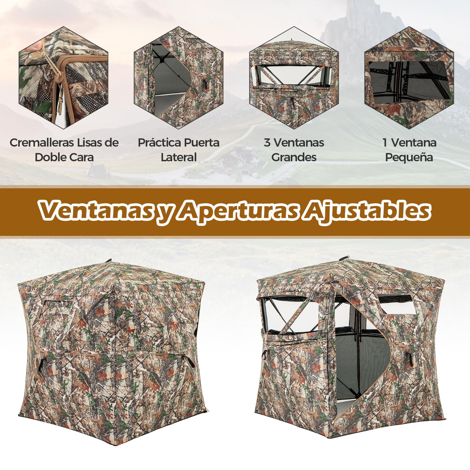 COSTWAY Persiana de Caza de 360°, Estor de Caza Plegable con Puerta Abierta, 2-3 Personas, Puesto de Caza Plegable, Camuflaje