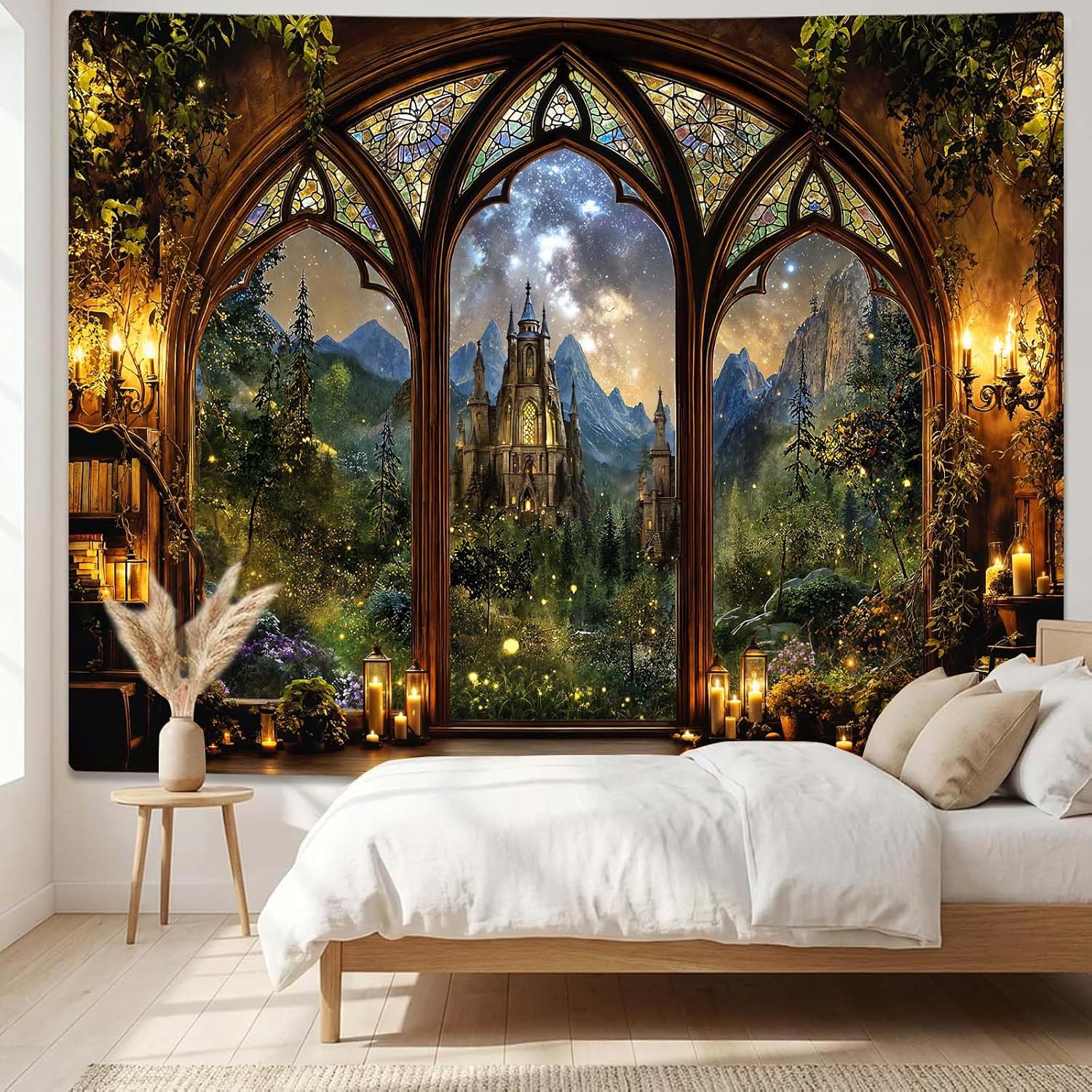 AMM Fantasy Forest Mountain Castle Window Tapestry 48x36 Inch image 2
