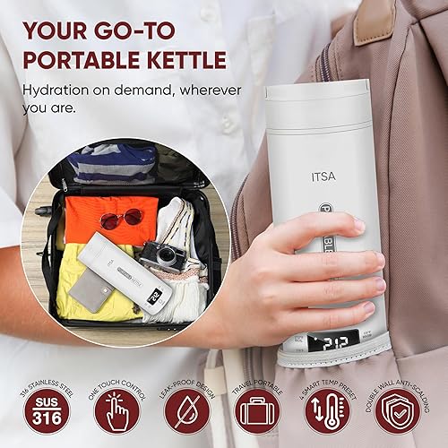 Miniatura 3 de ITSA Hervidor eléctrico de viaje de 16.9 fl oz, portátil, de acero inoxidable, con control de temperatura y apagado automático, mini hervidor