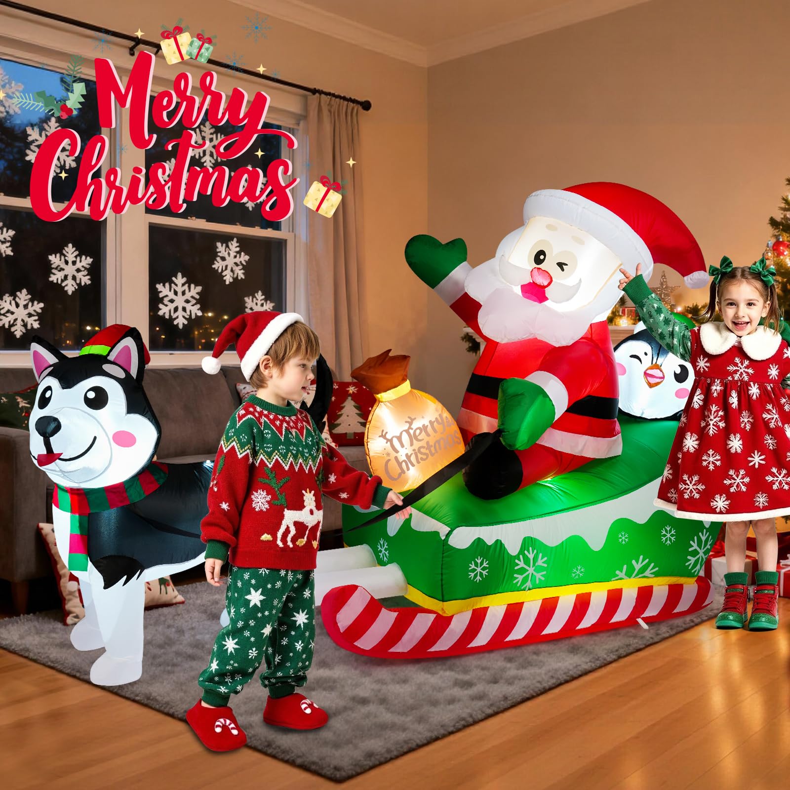 Meland Décoration de Noël gonflable, Père Noël sur le traîneau avec chien avec lumières intégrées