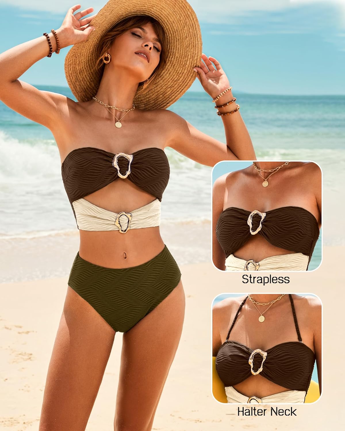 Jolefille High Waisted Bikini Sets for Women Bandeau Strapless Swimsuits Tummy Control Bathing Suit Ribbed 2 Piece Swim Suits - Image 7