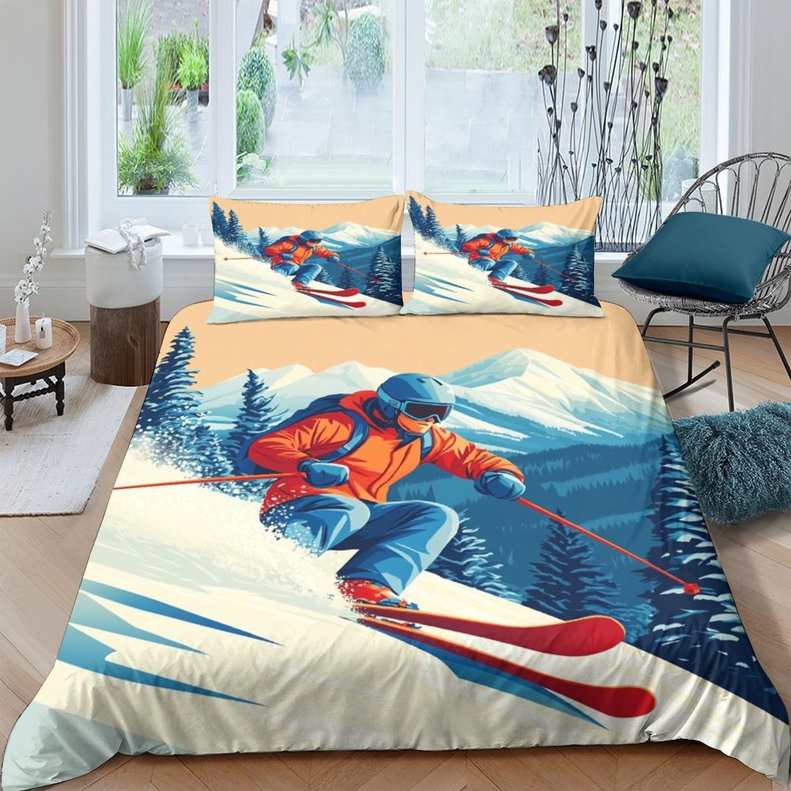 Ctjqhvkz Style-3 3D Printed Skiing Mountain Fitted Sheet Microfiber Breathable Snow Sports Bed Cover Bedroom Decor Mattress Protector Single（135X200cm）