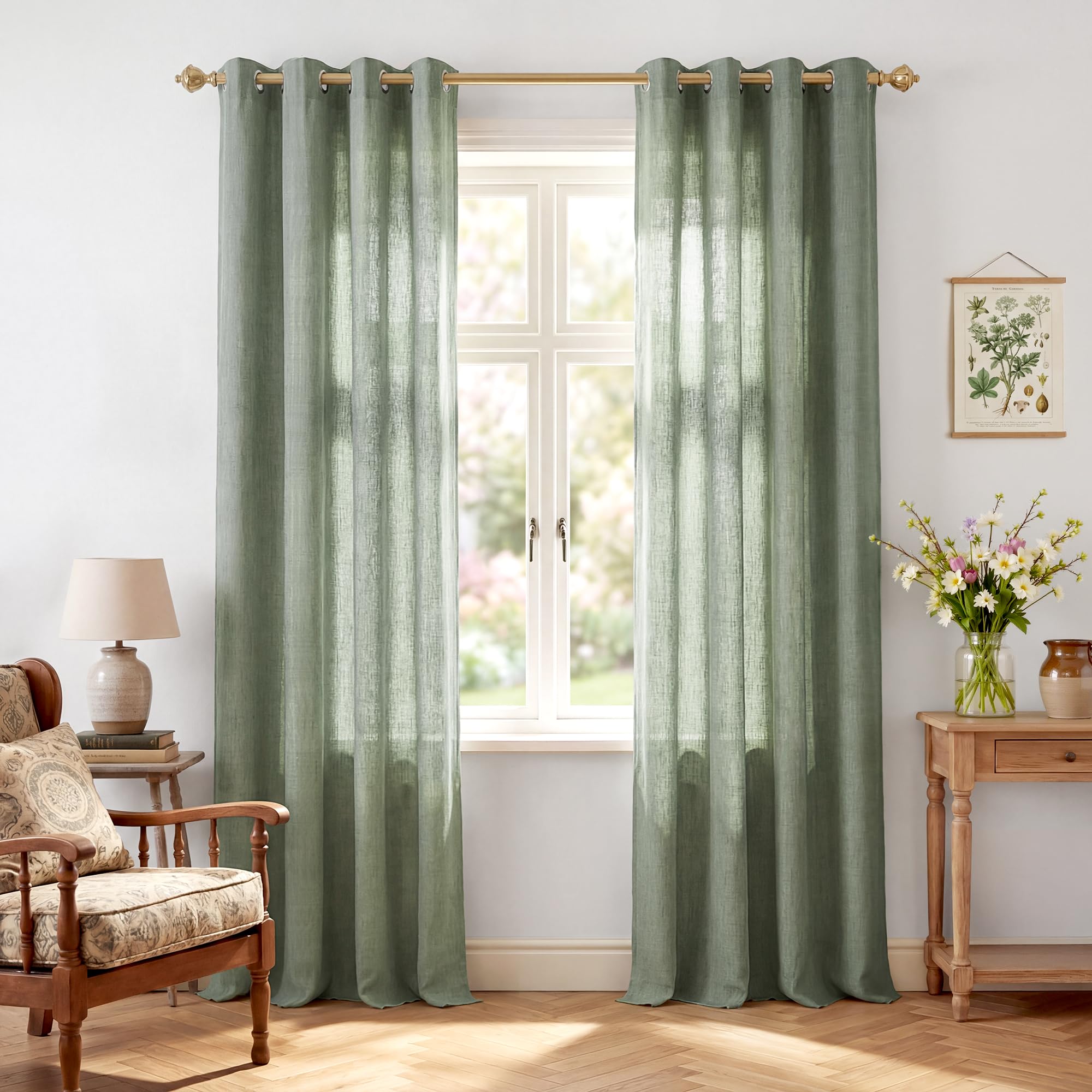 PONY DANCE Leinenoptik Gardinen Salbeigrün Vorhänge Halbtransparent | Ösenschal 2er Set H260 x B140 cm, Landhausstil, Lichtdurchlässig, für Wohnzimmer, Dekoration, Modern, Sichtschutz