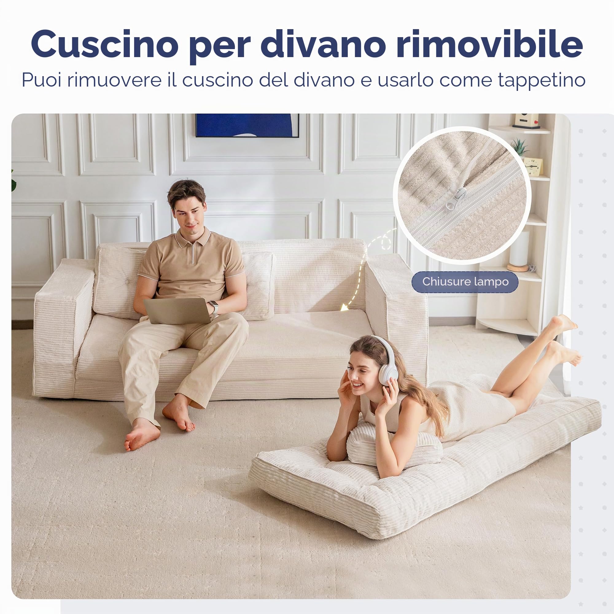 MAXYOYO Divano Letto da Pavimento, Larghezza 190 cm, con Cuscino, Pieghevole 2 in 1, 3 Posti con Funzione di Sonno, Superficie 101 x 196 cm, per Soggiorno, Camera da Letto, Lounge