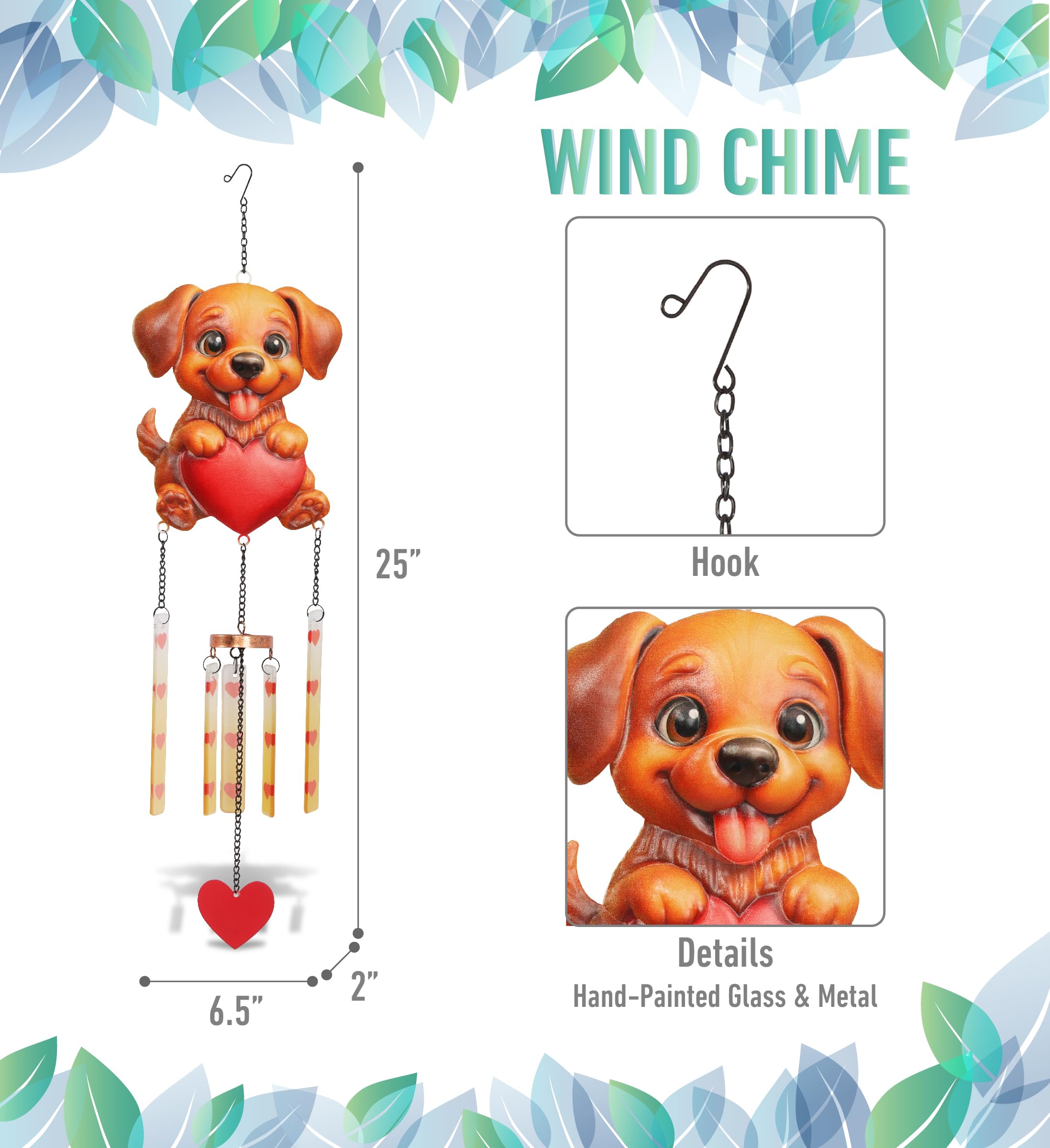 CoTa Global Puppy Love Carillon à vent – Décoration à suspendre en métal et verre faite à la main, chiot marron avec cœur rouge et tubes d'accentuation en cuivre, décoration d'intérieur et d'extérieur