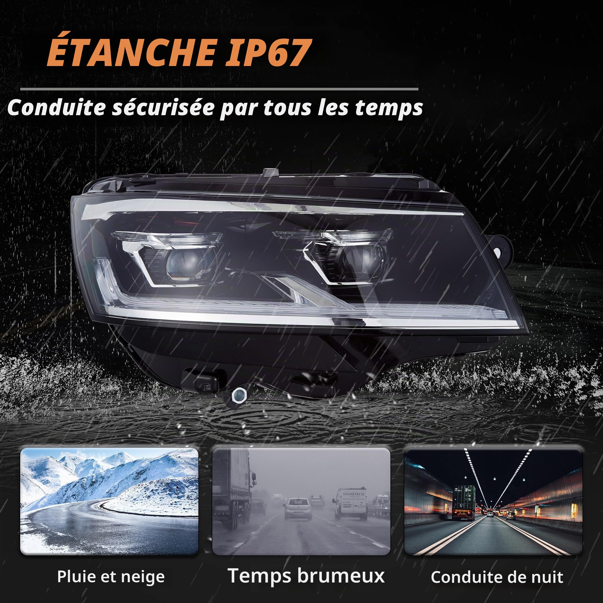 VLAND Phare Full LED pour Transporter T6.1 Multivan Caravelle 2019-2024, 1 paire (côté conducteur et passager)