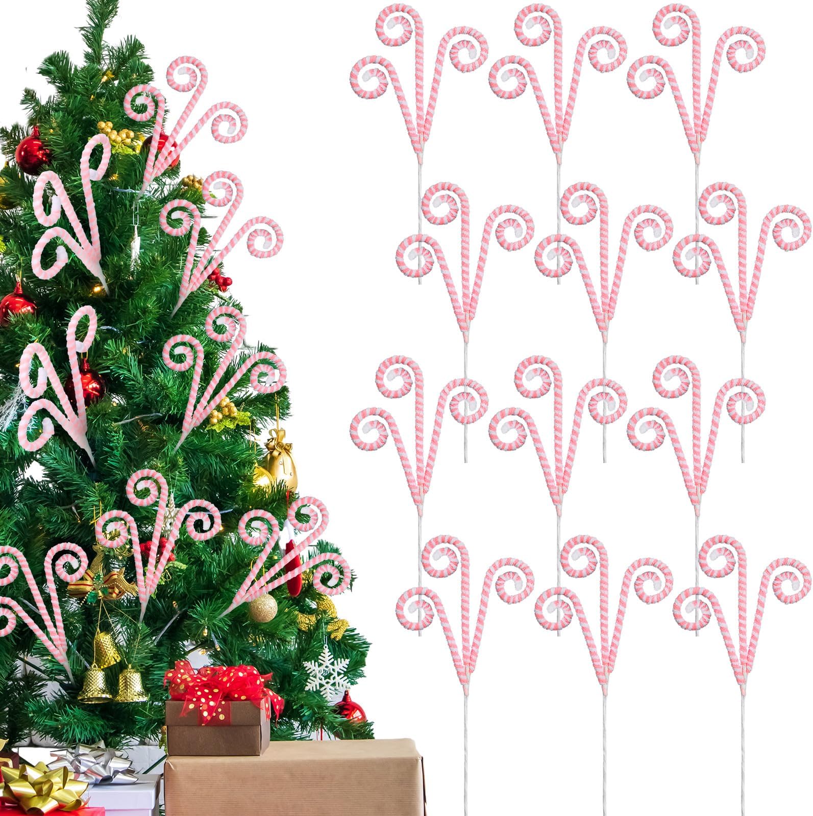 Wettarn 12 Pcs Christmas Candy Cane Curly Picks White Pink Christmas Tree Picks Tree Topper Ornaments with Fixed Wire Felt Striped Xmas Decoration DIY Craft for Xmas Party Holiday Decorations