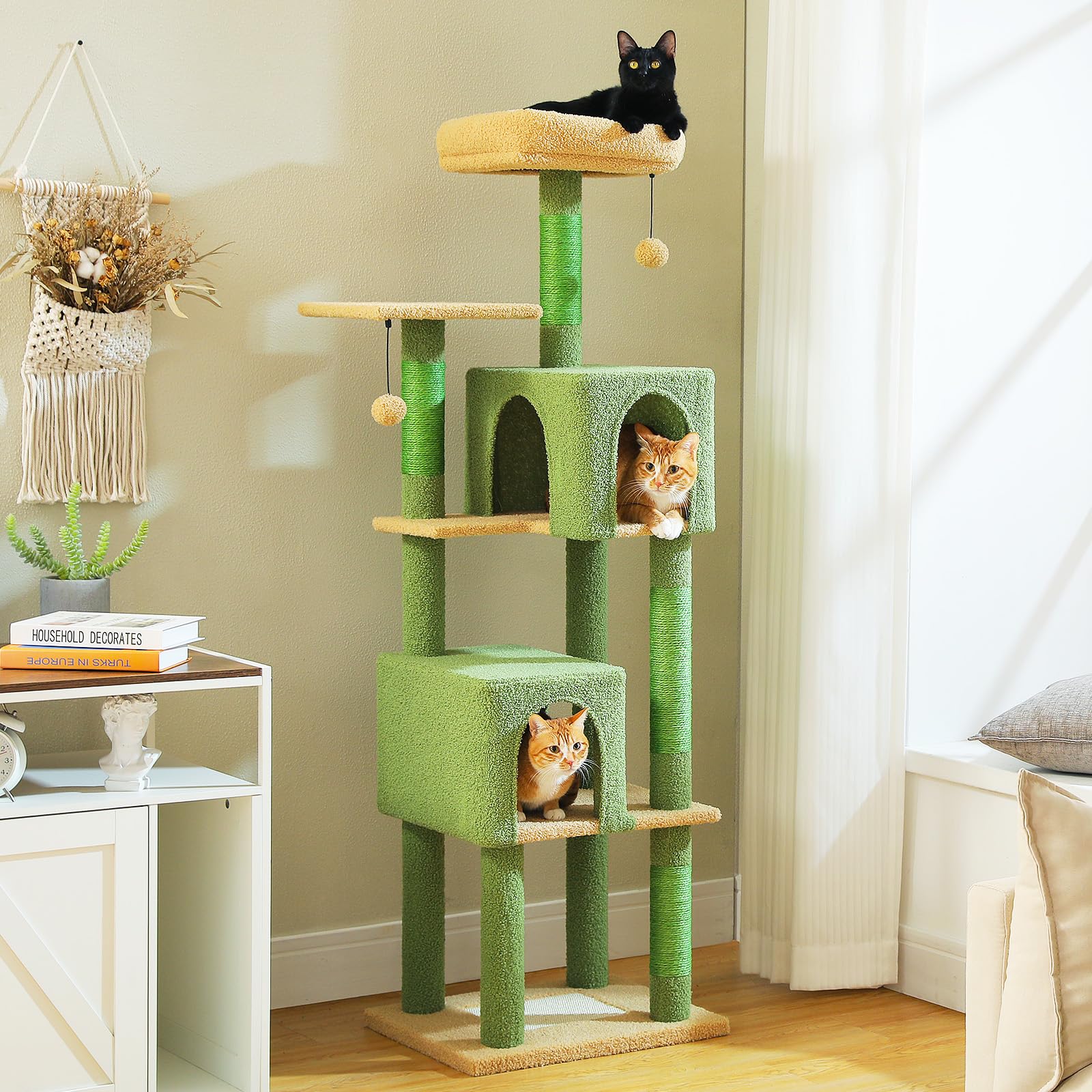 MUTTROS Cactus Cat Tree, 62-Inch Large Cat Tower for Multi-Cat Households w/Scratching Posts, Multi-Level Cat Condo w/Cozy Top Perch & Scratching Pad, Padded Platform, 2 Pompoms, Green