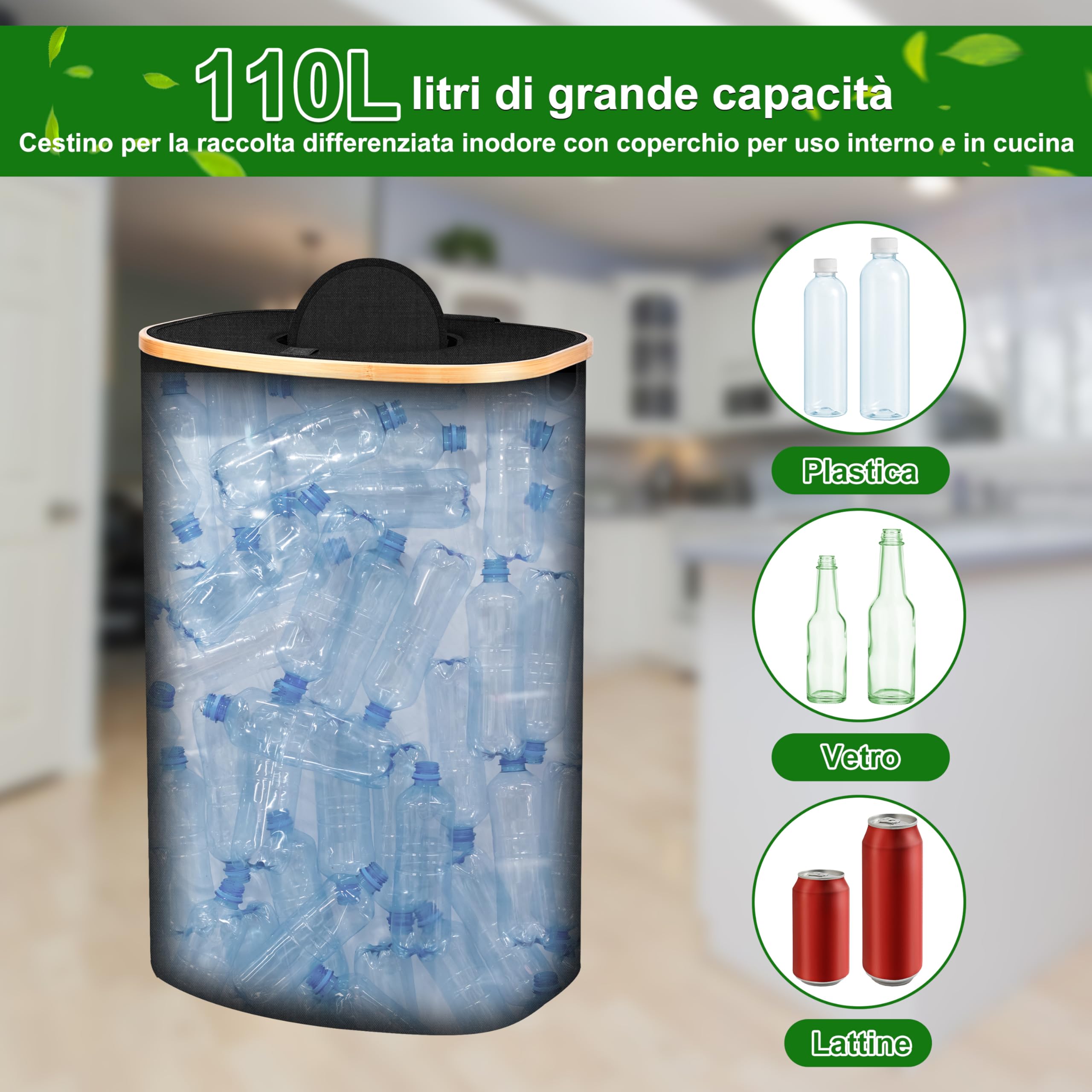 IEEILULU Raccoglitore di Bottiglie, 100L Pattumiera Differenziata per Bottiglia Plastica Bottiglia Vetro, Contenitori Raccolta Differenziata Interno, Bidone Raccolta con Foro per Cucina (Nero, 110L)