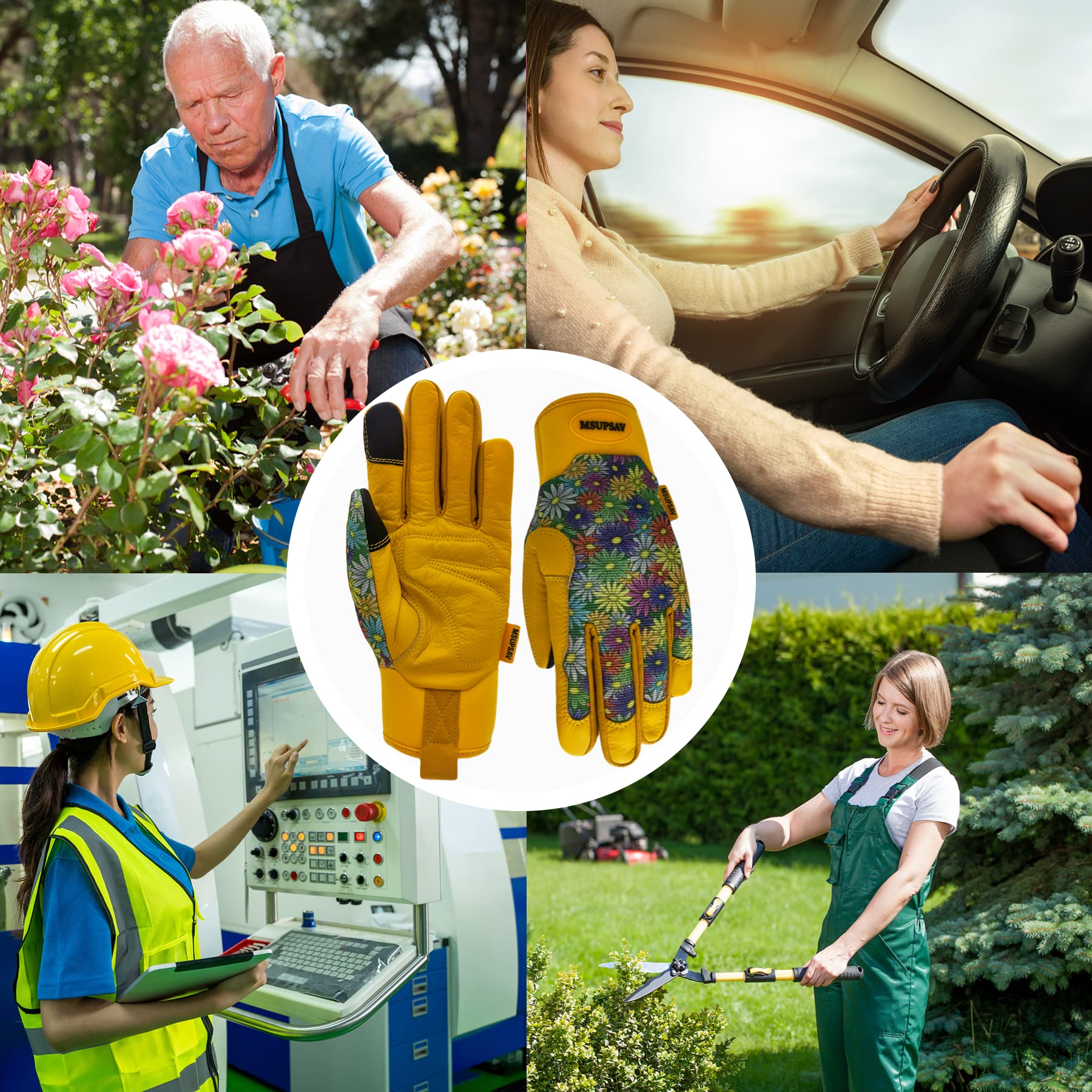 2 Paar Gartenhandschuhe, Rindsleder, Gartenhandschuhe, multifunktionale Outdoor-Gartenarbeitshandschuhe für Männer und Frauen, Geschenke, bunte Blumen, Größe M