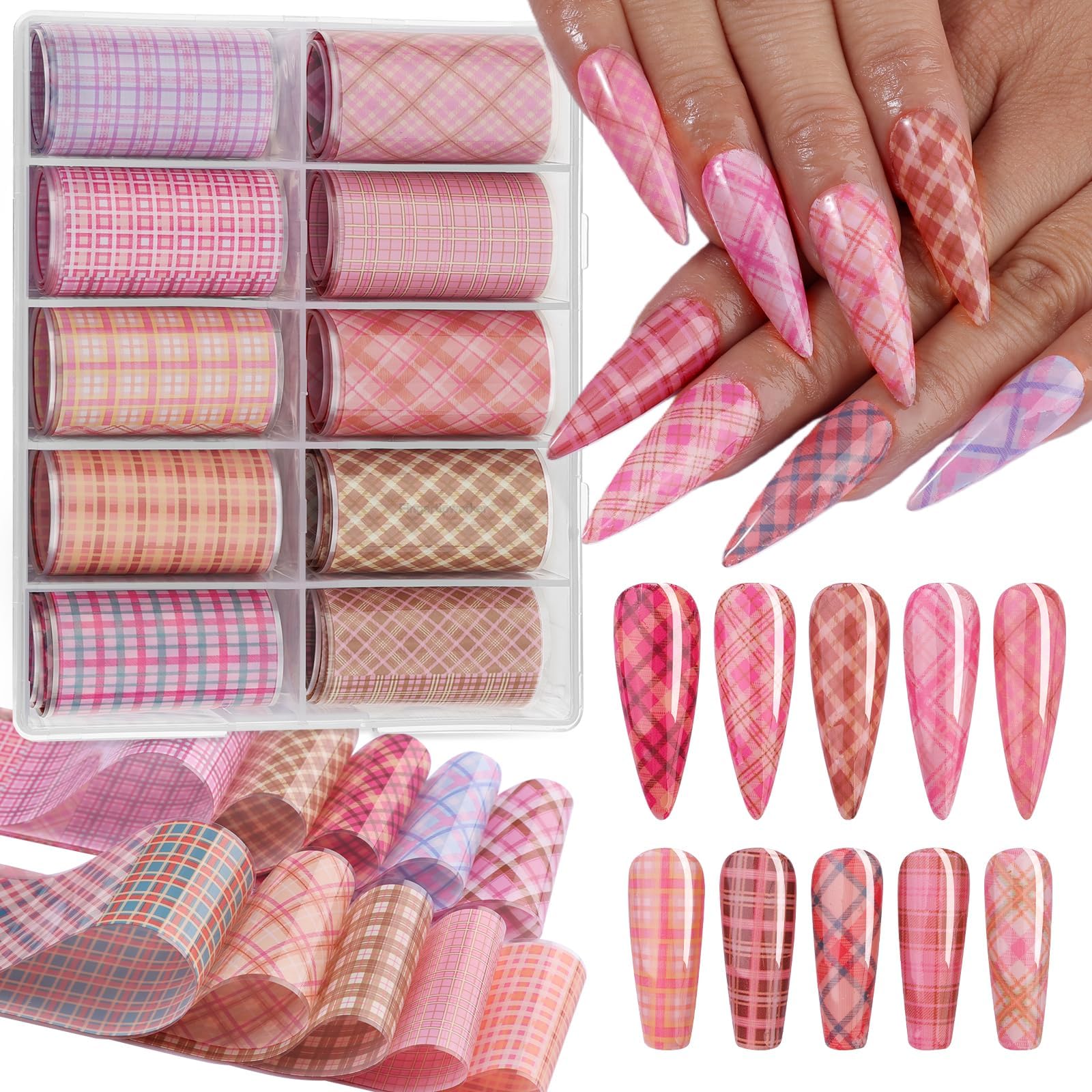 Plaid Nail Foil Transfer Sheets, 10 Rolls Pink Plaid Nail Stickers Transfer Foil with Checkered Prints for Nail Art, Starry Geometric Lines Manicure Wraps, Nail Foil Transfer Paper for Women