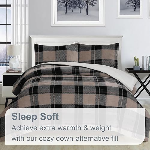 Miniatura 4 de Swift Home Lujoso juego de edredón reversible y funda de 3 piezas de franela ultrasuave a cuadros y sherpa, color ceniza, KingCal King (106 x 94