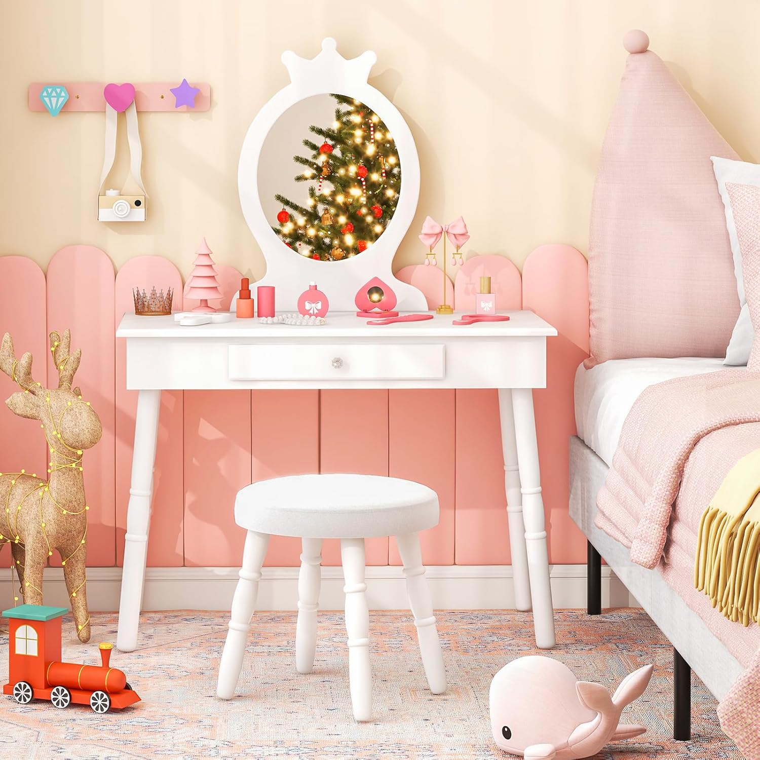 HONEY JOY Kids Vanity, Crown Shape Princess Makeup Dressing Table and Chair Set w/Drawer, Cushioned Toddler Vanity Stool, Real Glass Mirror, Wooden Little Girls Vanity Set with Mirror and Stool(White)