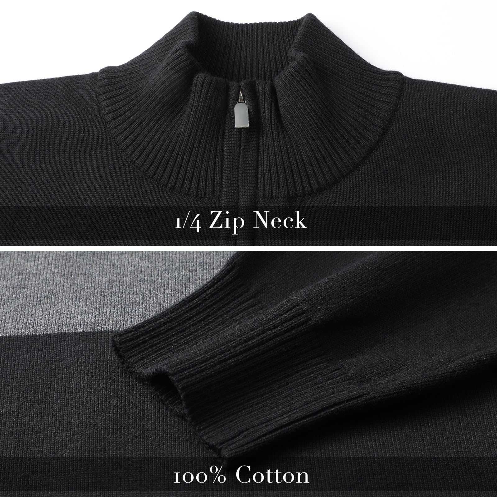 Superora Maglione a Righe da Uomo 100% Cotone Invernale Pullover Manica Lunga Collo Alto con 1/4 Zip
