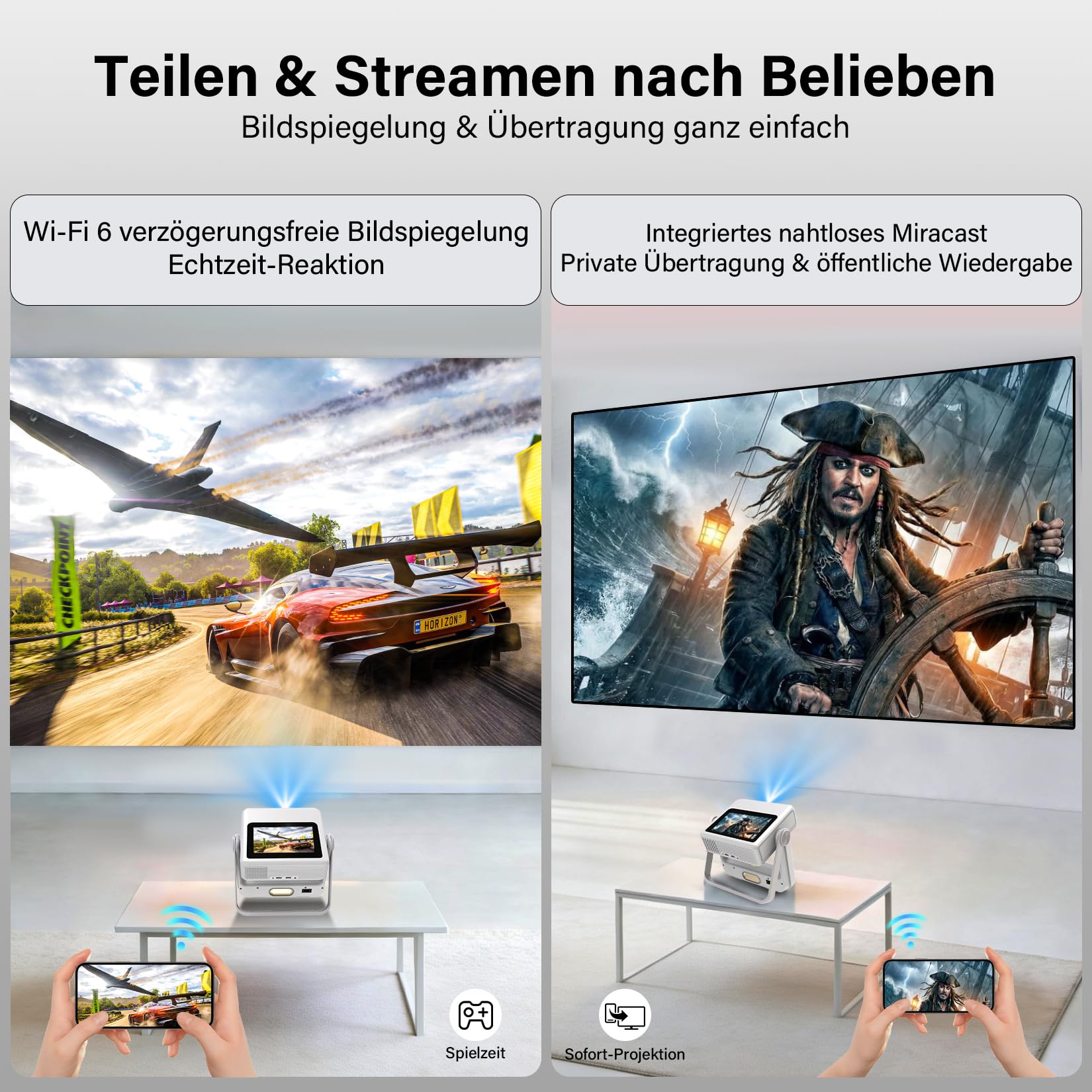 Proiettore Smart Compatibile 4K, Videoproiettore Full HD 1080P con Touchscreen, Doppio Display, 1200 ANSI, Autofocus, WiFi 6 Bluetooth, 1000+ App, Audio 25W per Home Cinema Camera da Letto Campeggio
