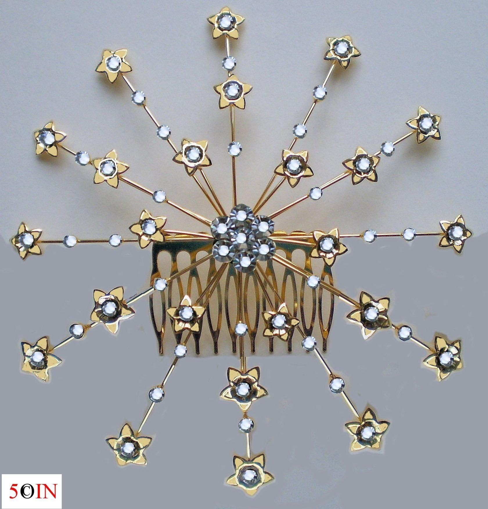 Elegant Dressy Beaded Judaica Bridal kippot kipot women's wire kippah kipa yarmulke yarmulka head covering head piece headpiece hair comb (Temple Synagogue Shul Bar Bat Mitzvah Wedding) - Decorative Design Rhinestones Swarovski Crystals - Clear (White) Crystals on Goldplated Wire