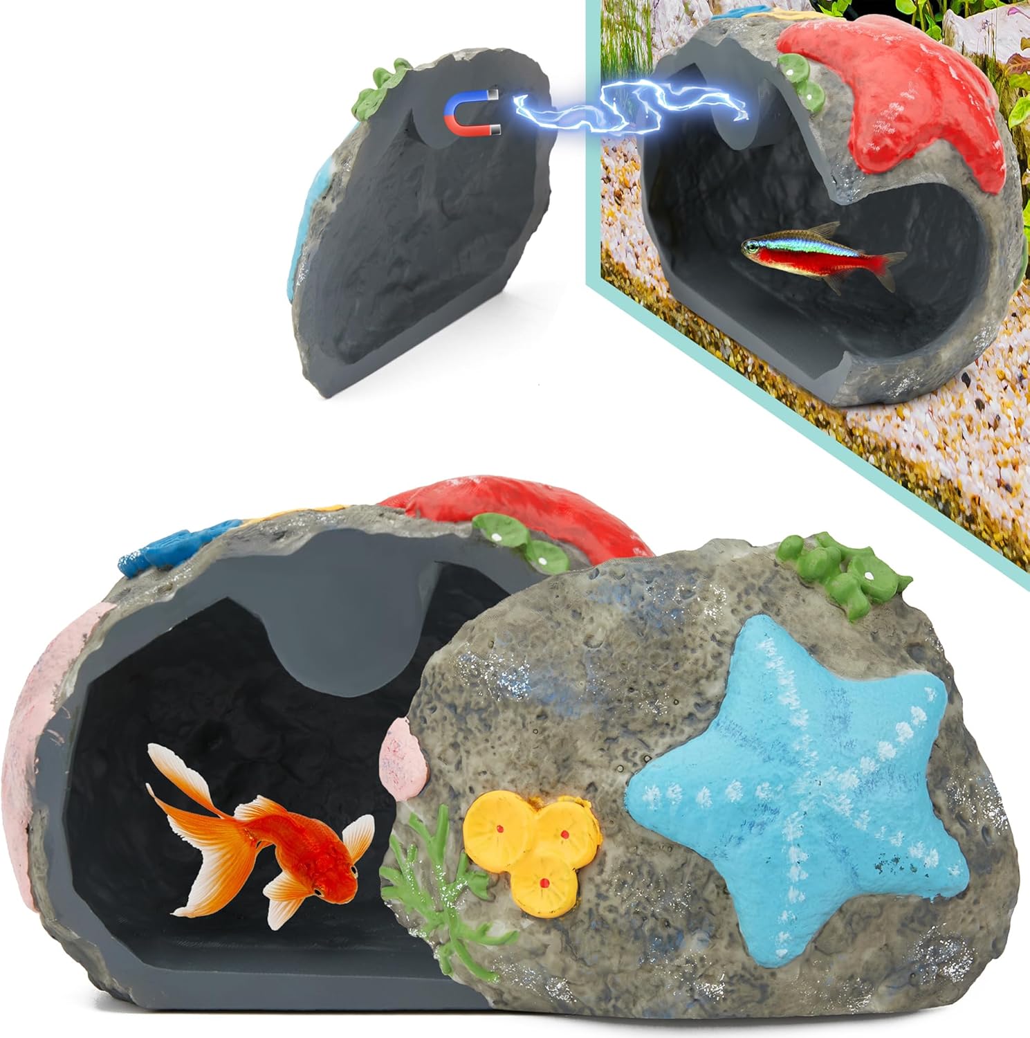Upgraded Magnetic Detachable Aquarium Hideaway Coral Rock Cave to Check Your Aquatic Pets to Breed, Play and Rest Safe and Non-Toxic Resin Fish Tank Viewing Hideout Ornaments