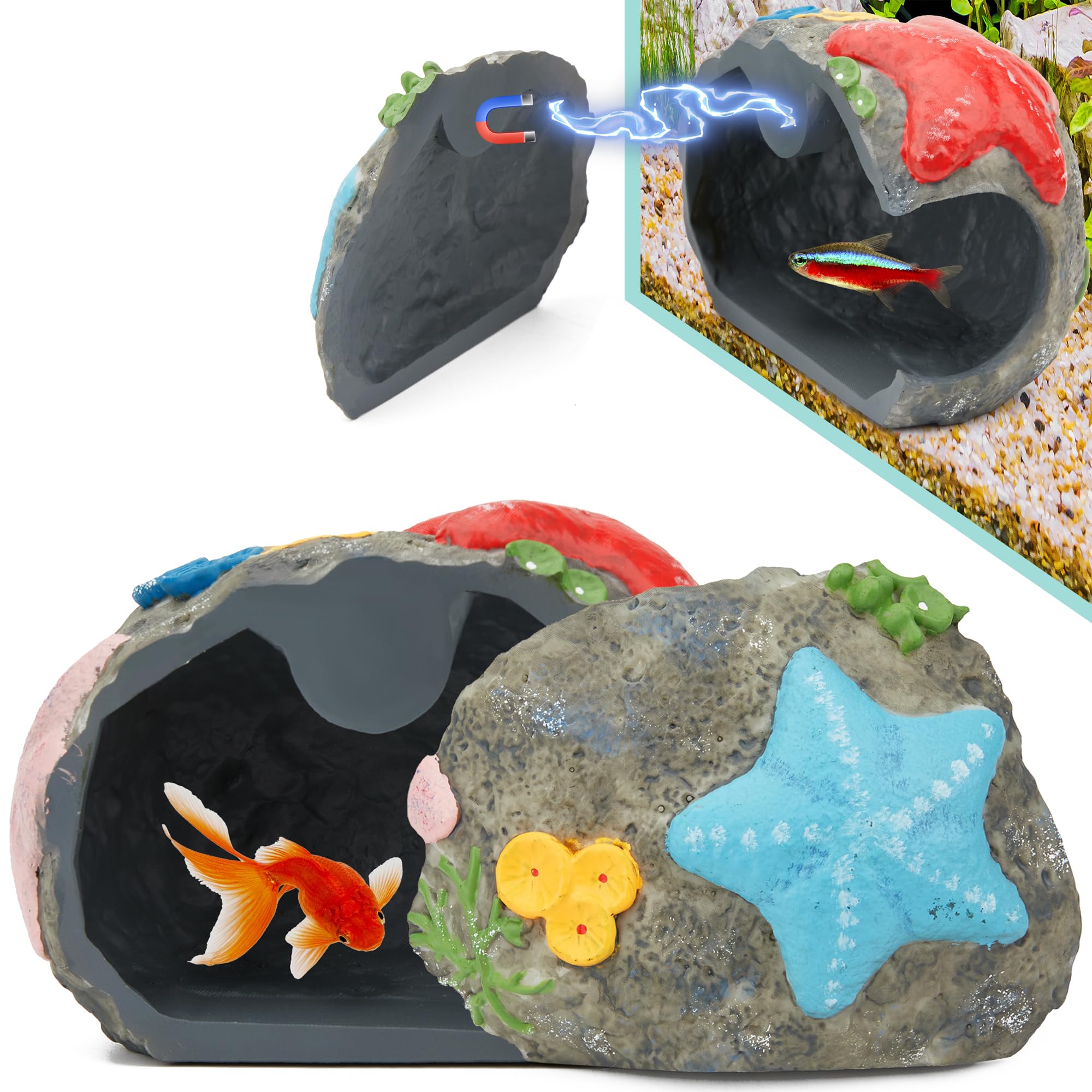 Upgraded Magnetic Detachable Aquarium Hideaway Coral Rock Cave to Check Your Aquatic Pets to Breed Play and Rest