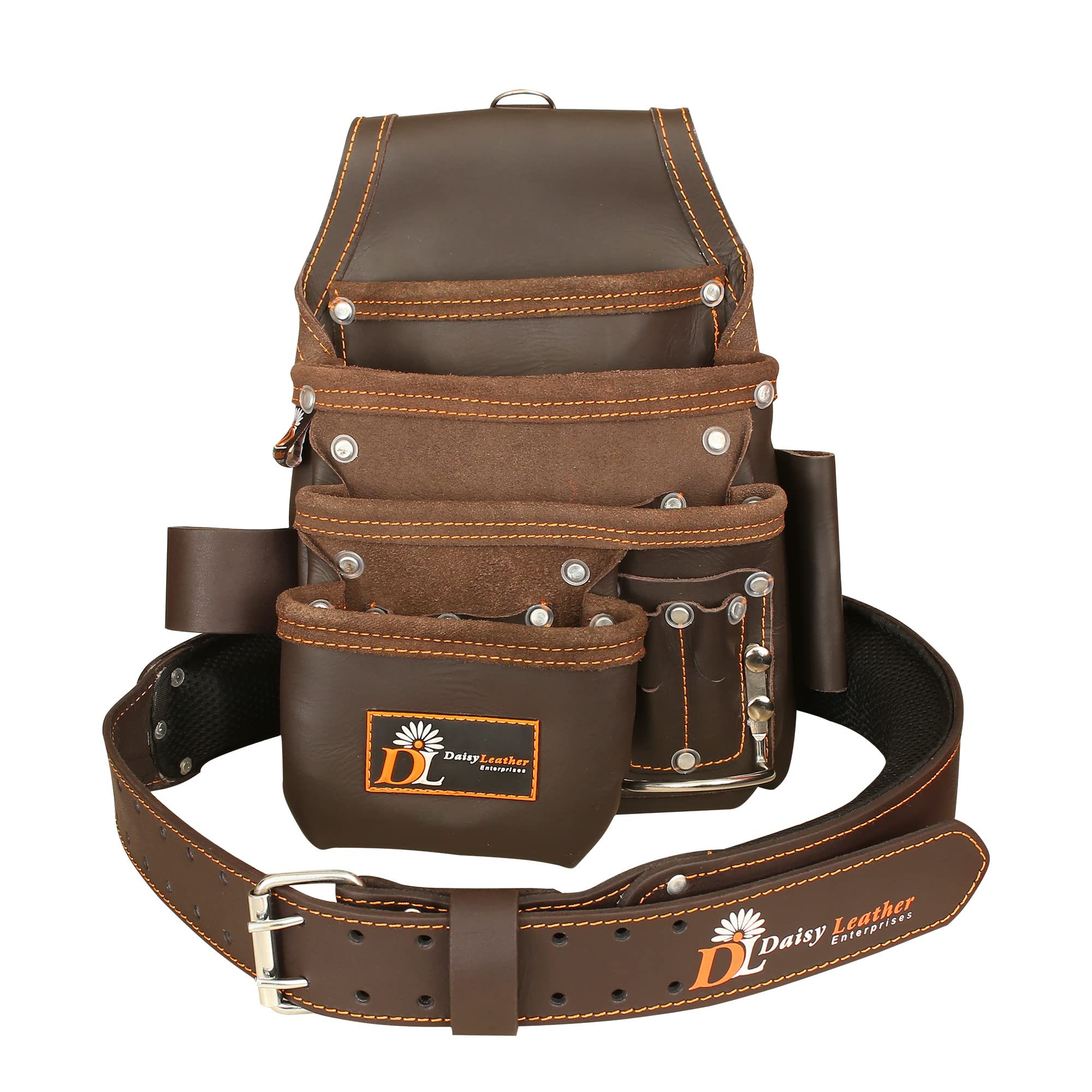 Daisy Leather Tool Bag Pro 505, Premium leather oil tanned 13 Pockets with Speed Square pocket multi-purpose tool organizer with Leather Tool Belt