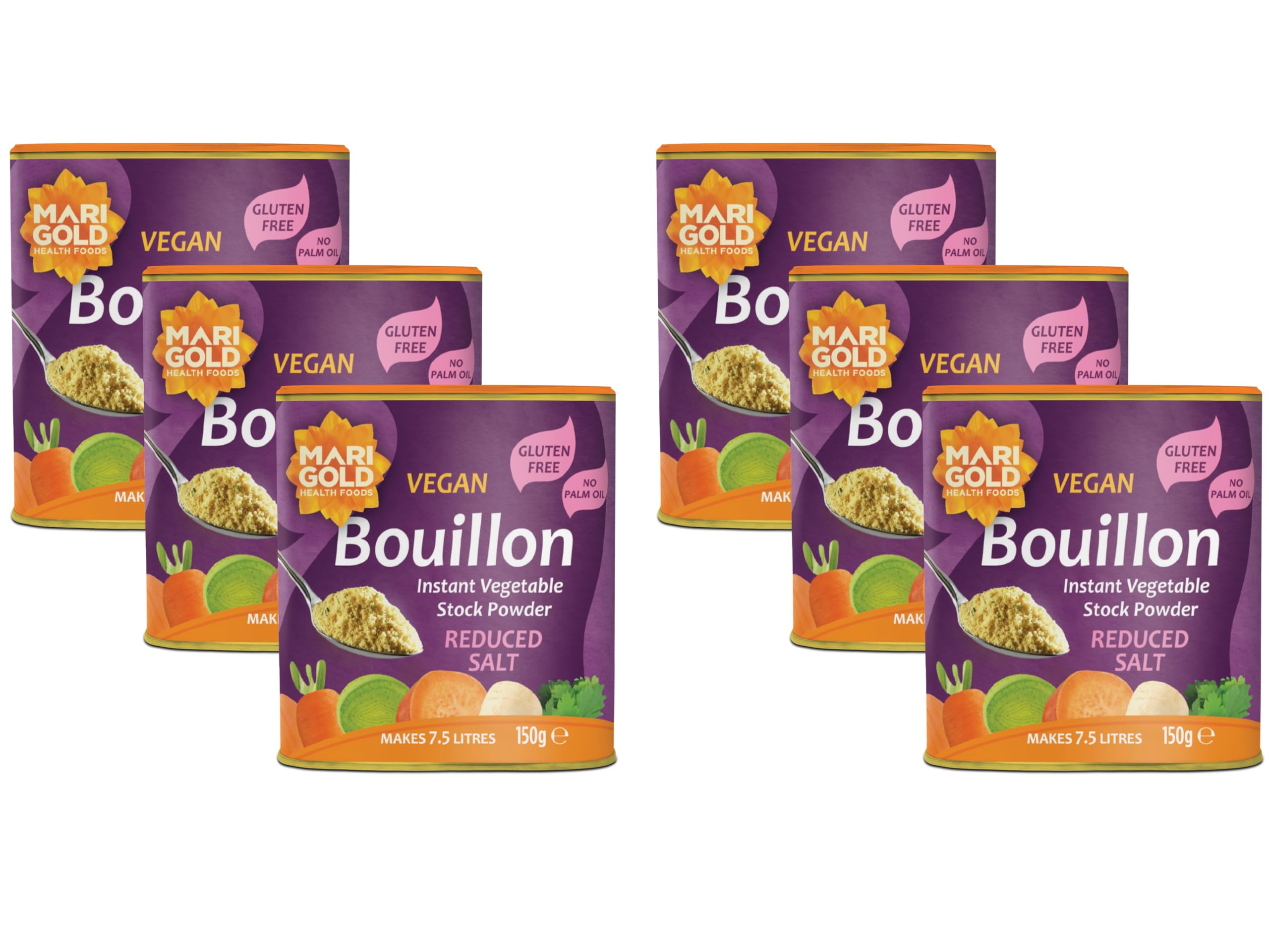 Marigold Reduced Salt Vegetable Bouillon Powder, 150g (Pack of 6) – Instant Vegan Stock Powder, 37% Less Salt, Natural Ingredients, Gluten-Free – Perfect for Soups, Stews & Sauces