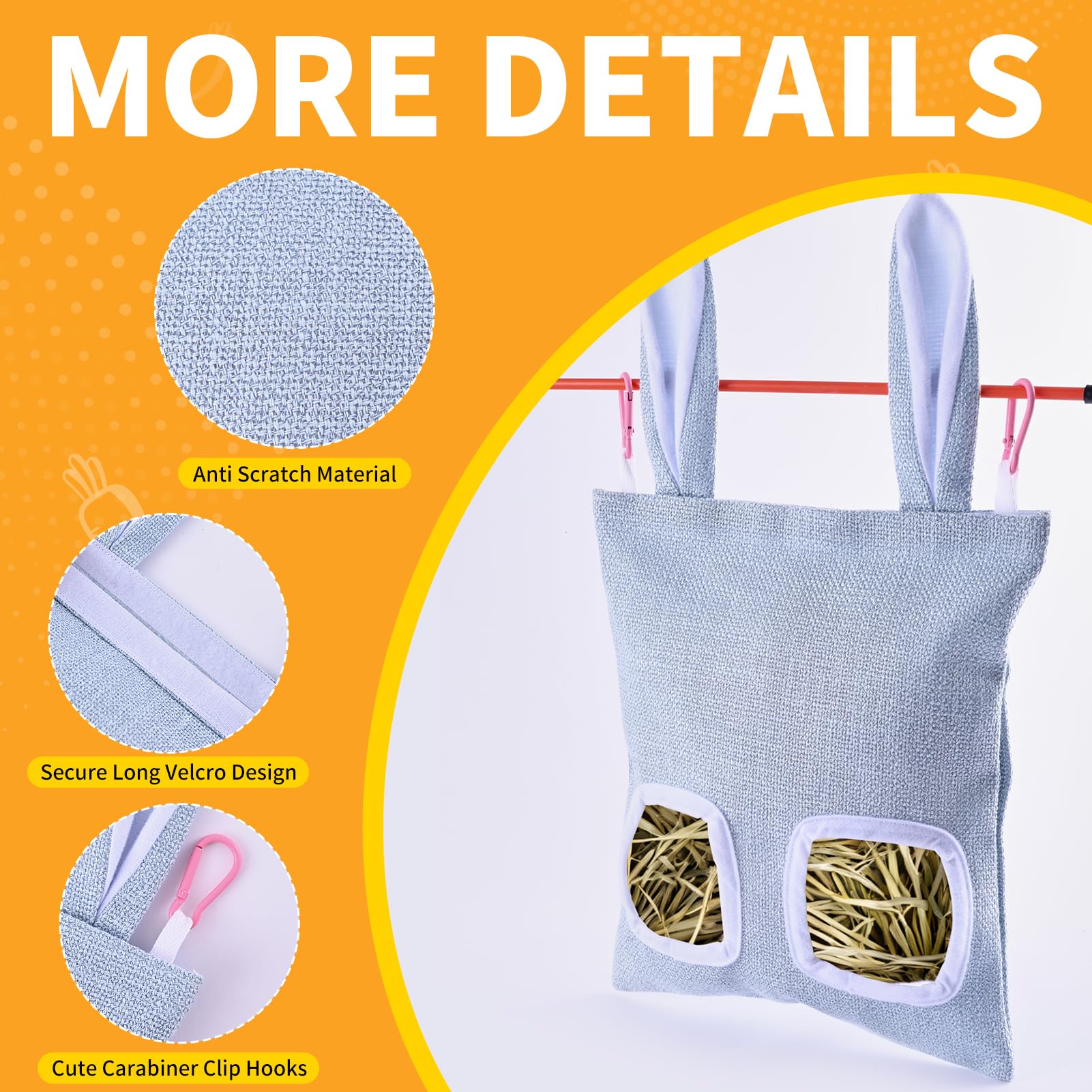 2 Pack Rabbit Guinea Pig Hay Feeder, Cute Bunny Hay Bag, Hanging Hay Holder for Guinea Pig Cage, Hay Feeder for Rabbits Chinchillas Hamsters Small Pets and Animals (Yellow & Blue) - image 4
