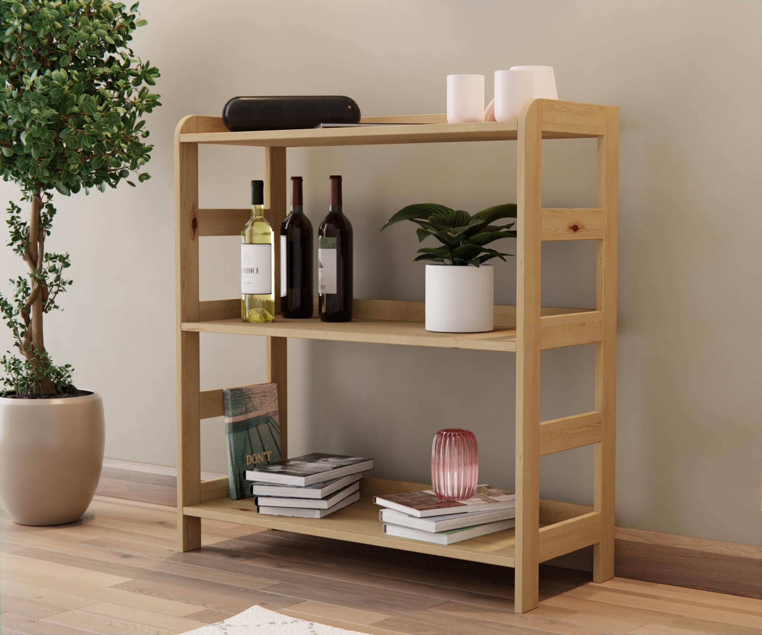 Lenmar Serie R, R-02, mensola in legno, legno di pino, beige chiaro, 5 ripiani, libreria, scaffale in legno, scaffale da parete