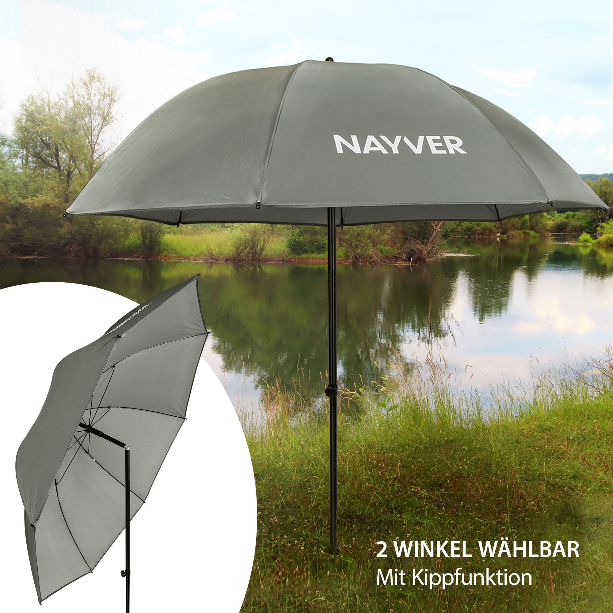Angelschirm 1,67m Ø, 2m Höhe mit Tasche | Leichter Outdoor Schirm, Regenschutz & Sonnenschutz, Mit Erdspeer, für Angeln, Strand & Freizeit