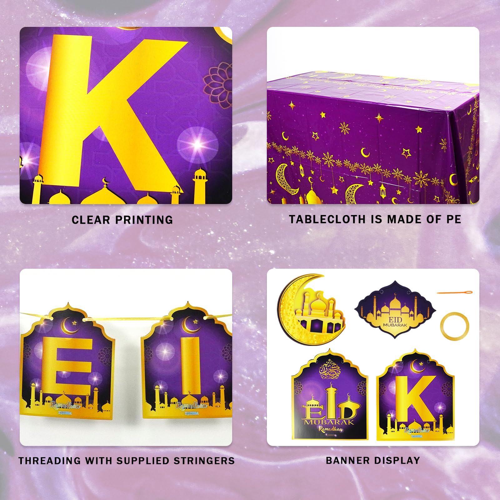 Striscione Ramadan Mubarak – Decorazioni Con Luna E Stelle Glitter Blu E Oro – Set Festa Islamica