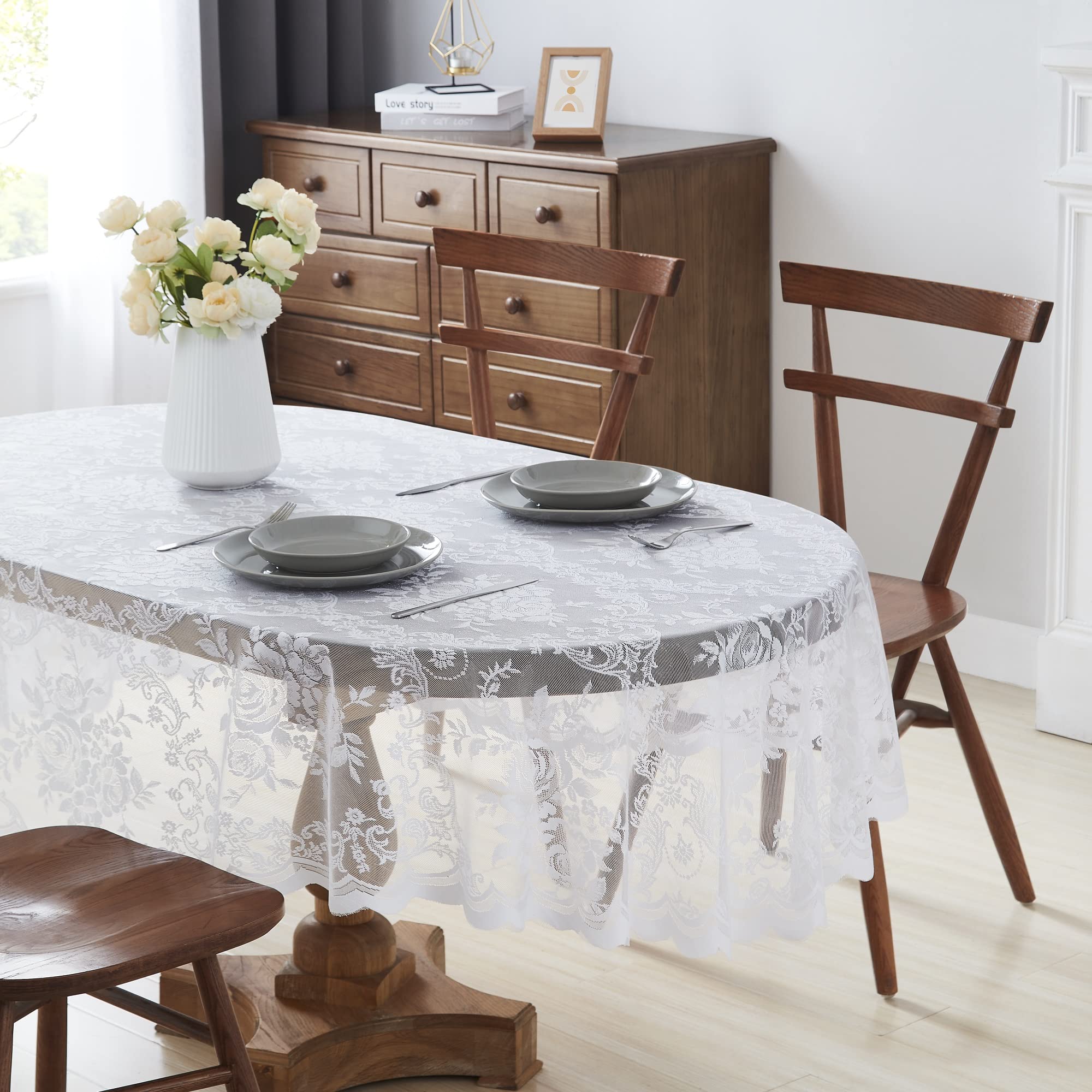 Linenzone White Beautiful Oval Lace Tablecloth With Elegant Scalloped Bottom For Any Special Event Such As Wedding, Birthday Party, Baby Shower, Anniversary. Sits 6 To 8 People. (Luna Tc 84 Oval, )
